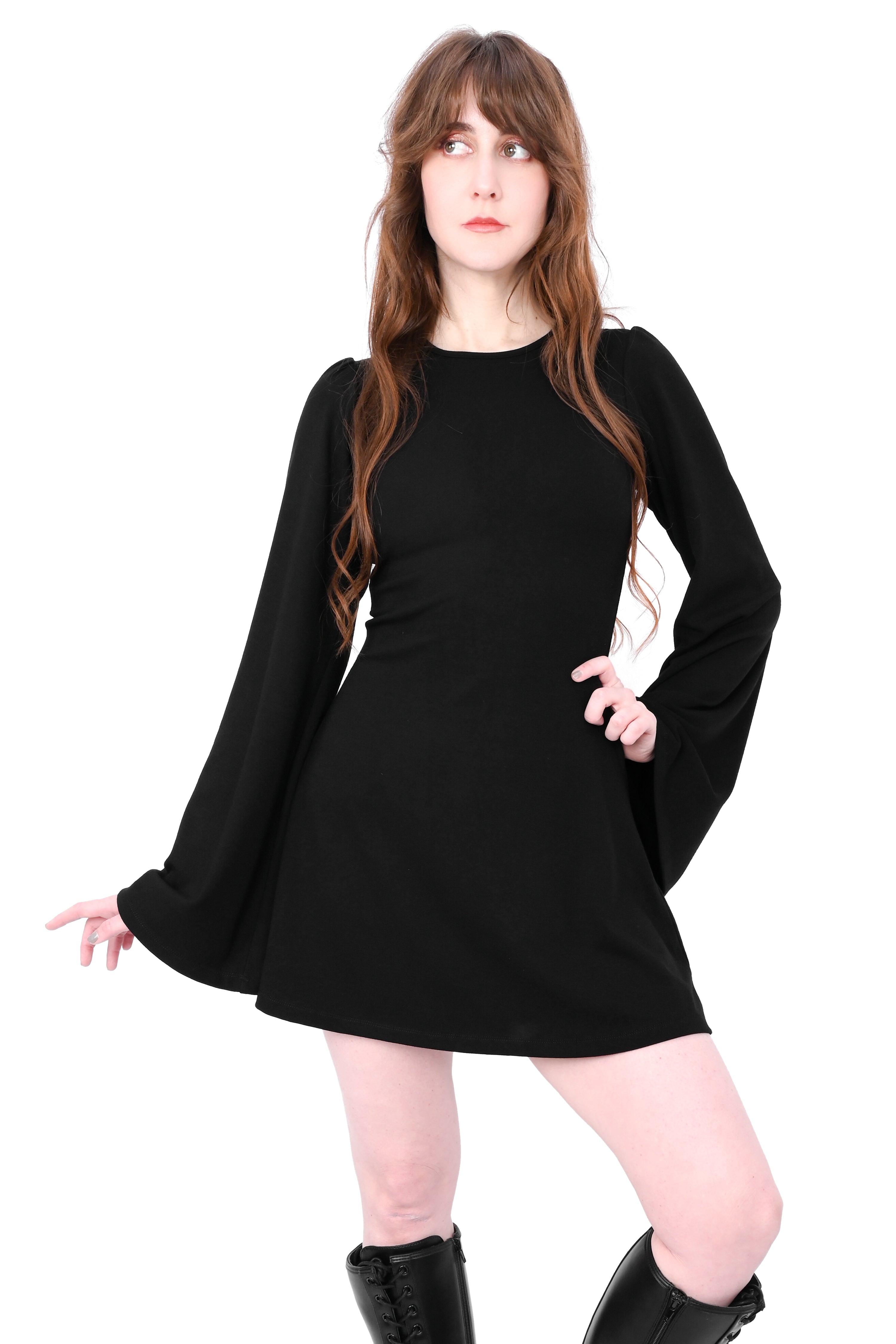 Black long sleeve tunic dress with relaxed, slightly belled sleeves