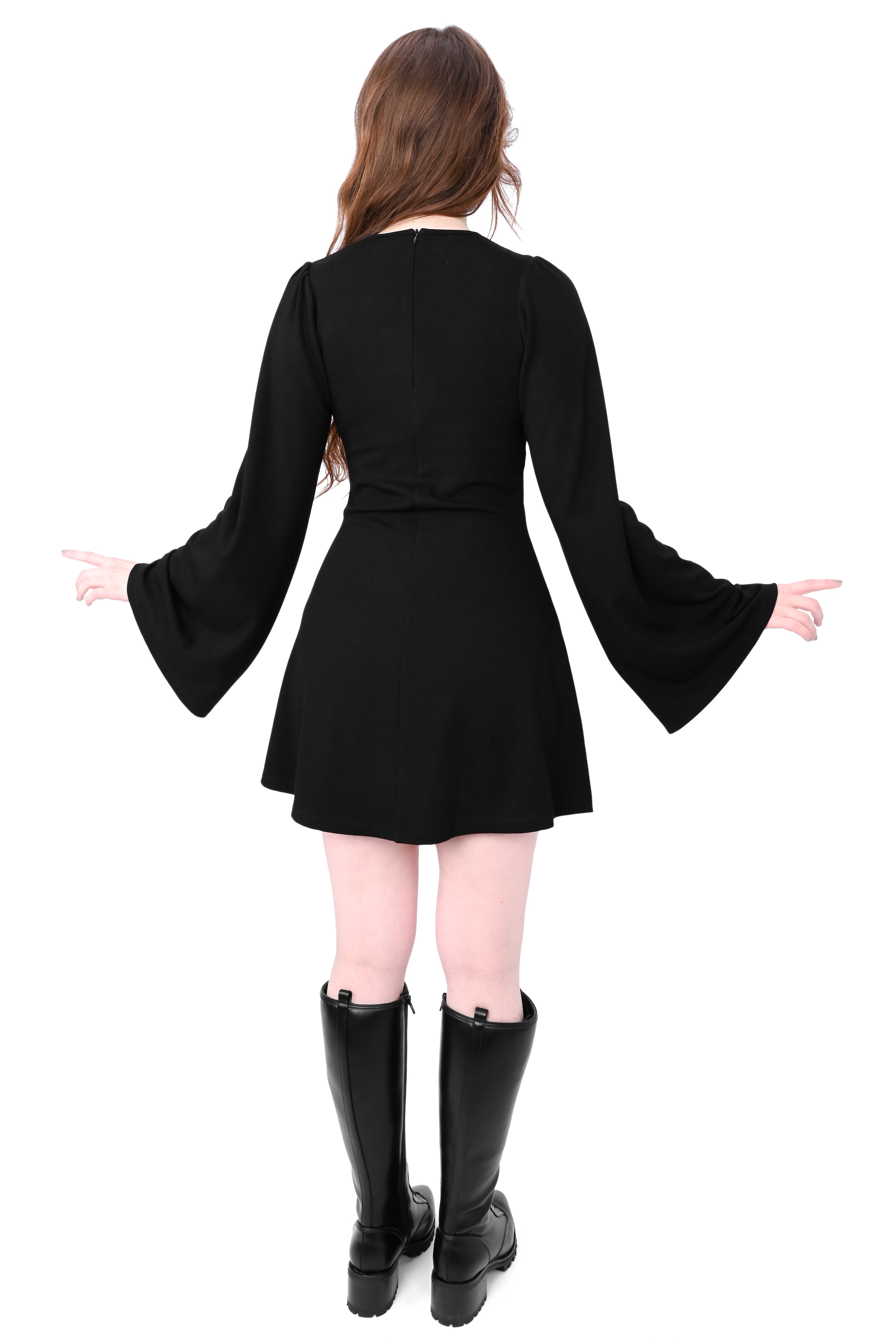 Black long sleeve tunic dress with relaxed, slightly belled sleeves