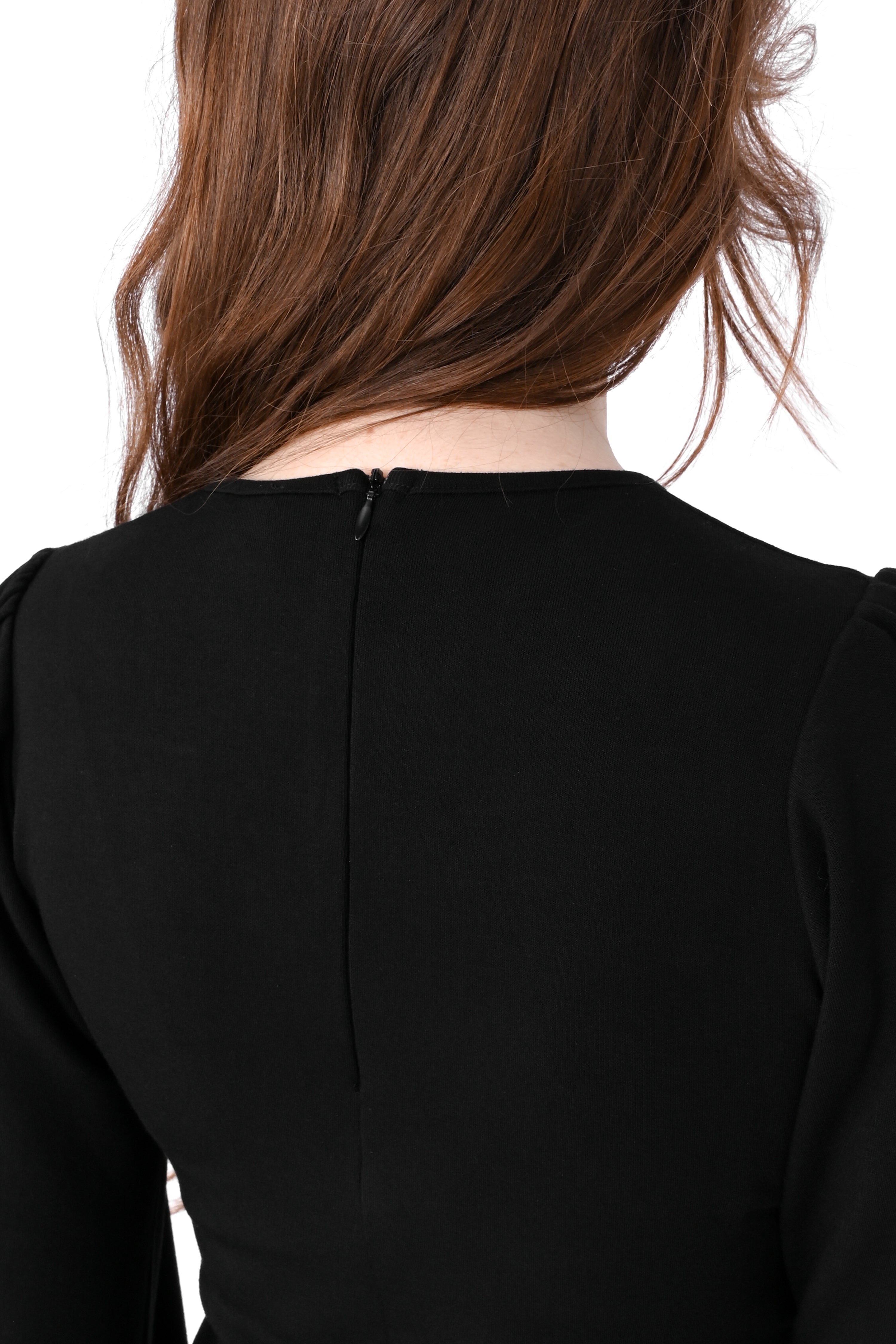 Black long sleeve tunic dress with relaxed, slightly belled sleeves