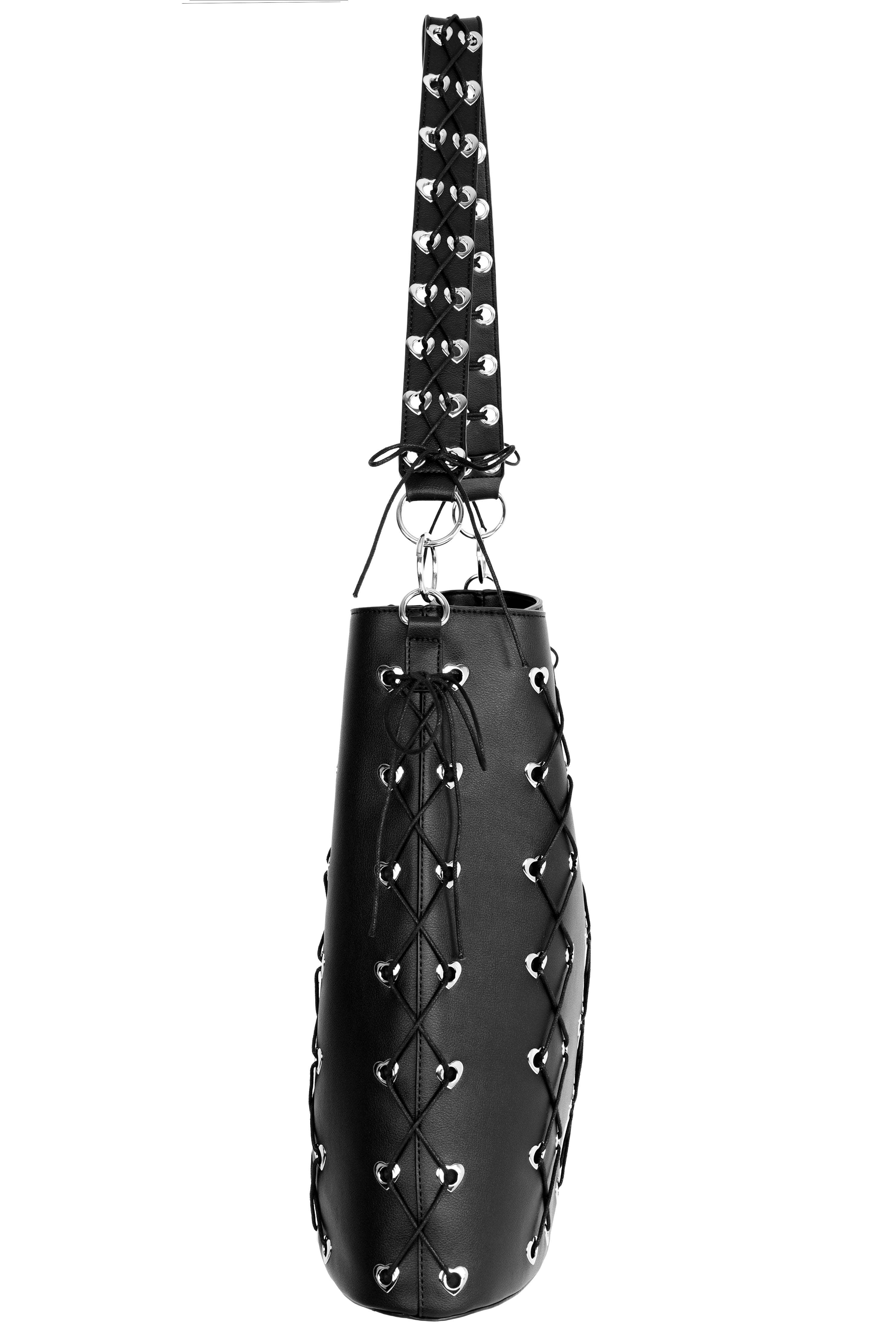 Large PU tote with heart grommets and corseted cording details.