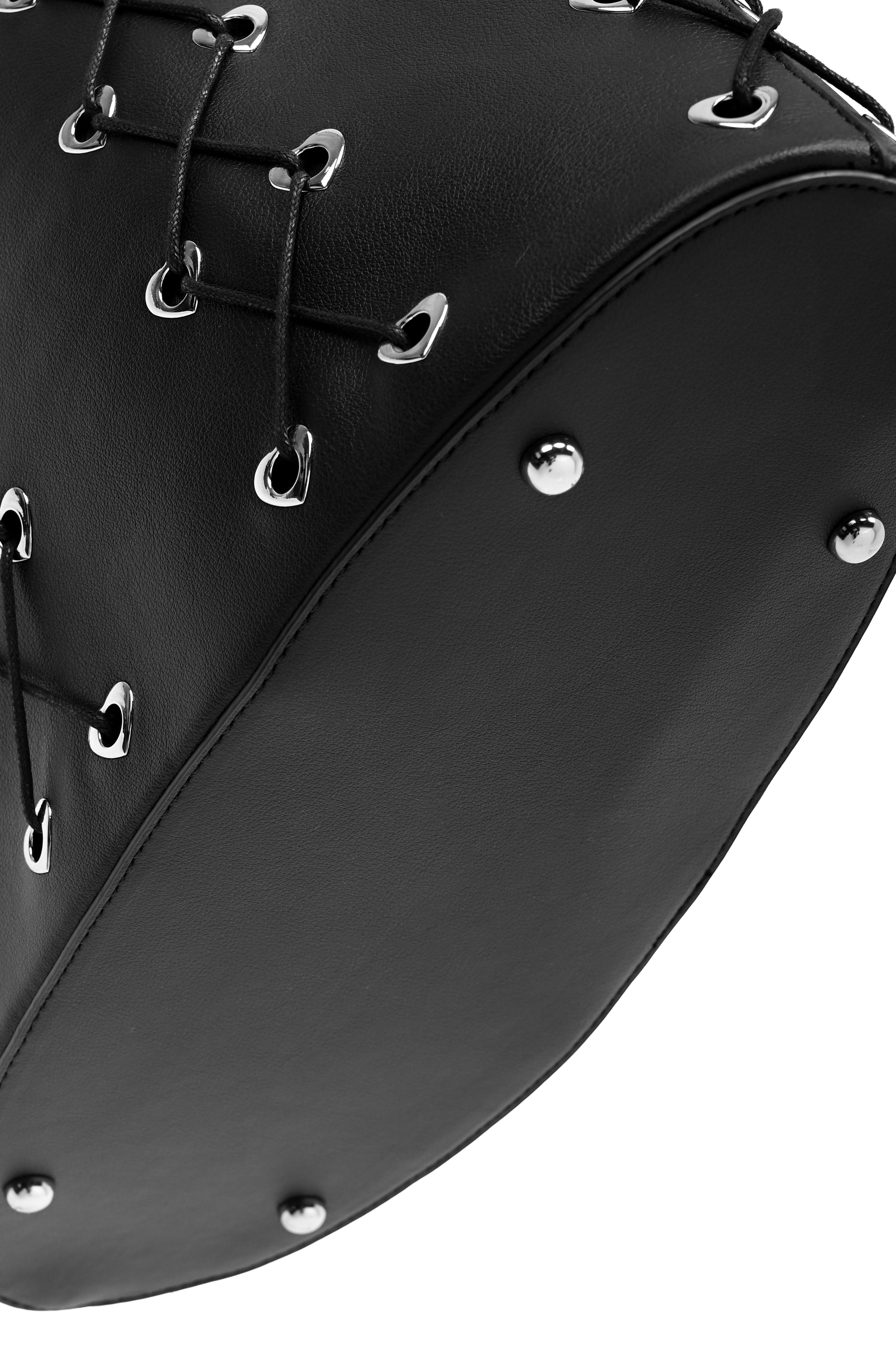 Large PU tote with heart grommets and corseted cording details.