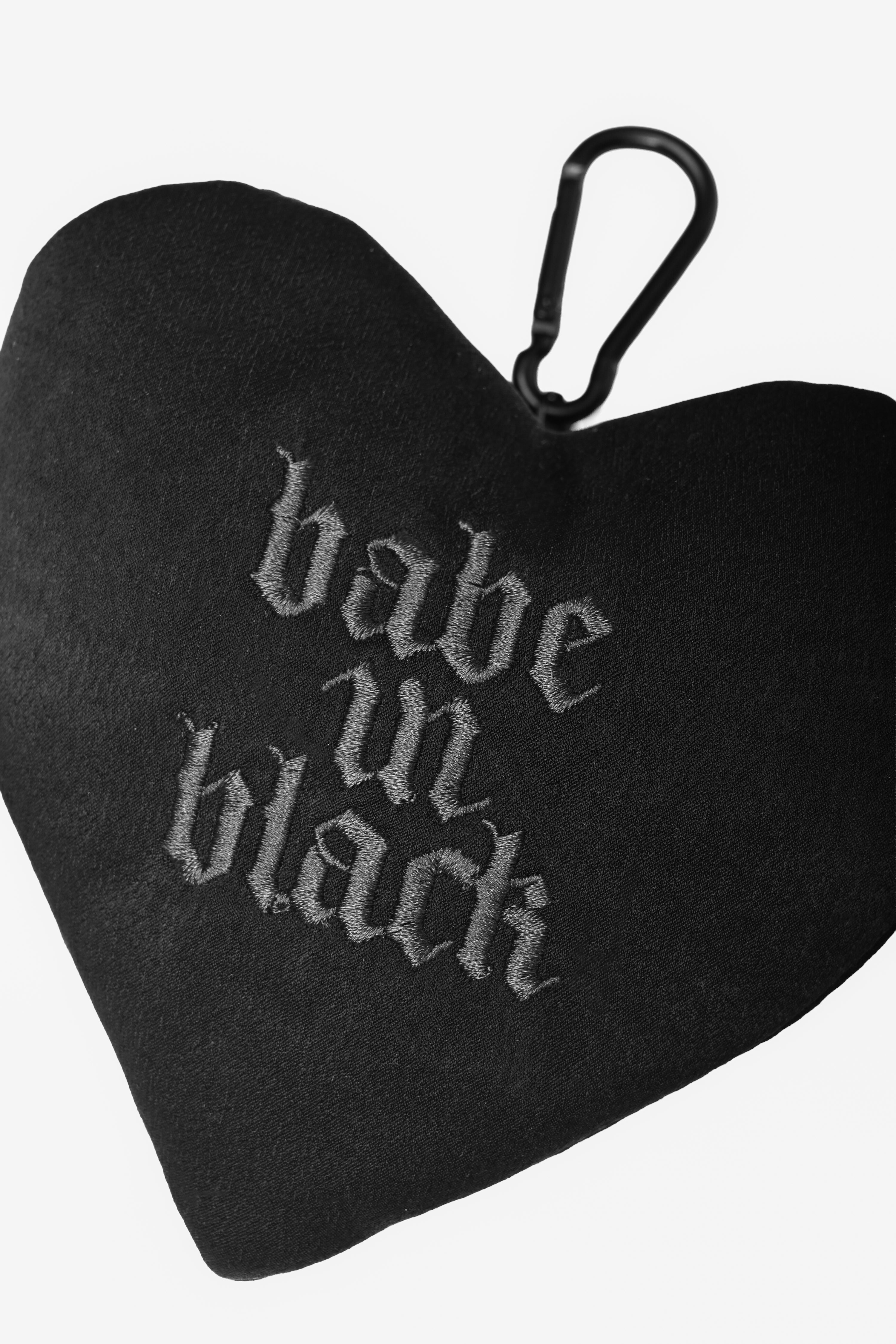 Black velvet heart keychain featuring our 'Babe in Black' logo on front, with a standard size nylon shopping tote inside