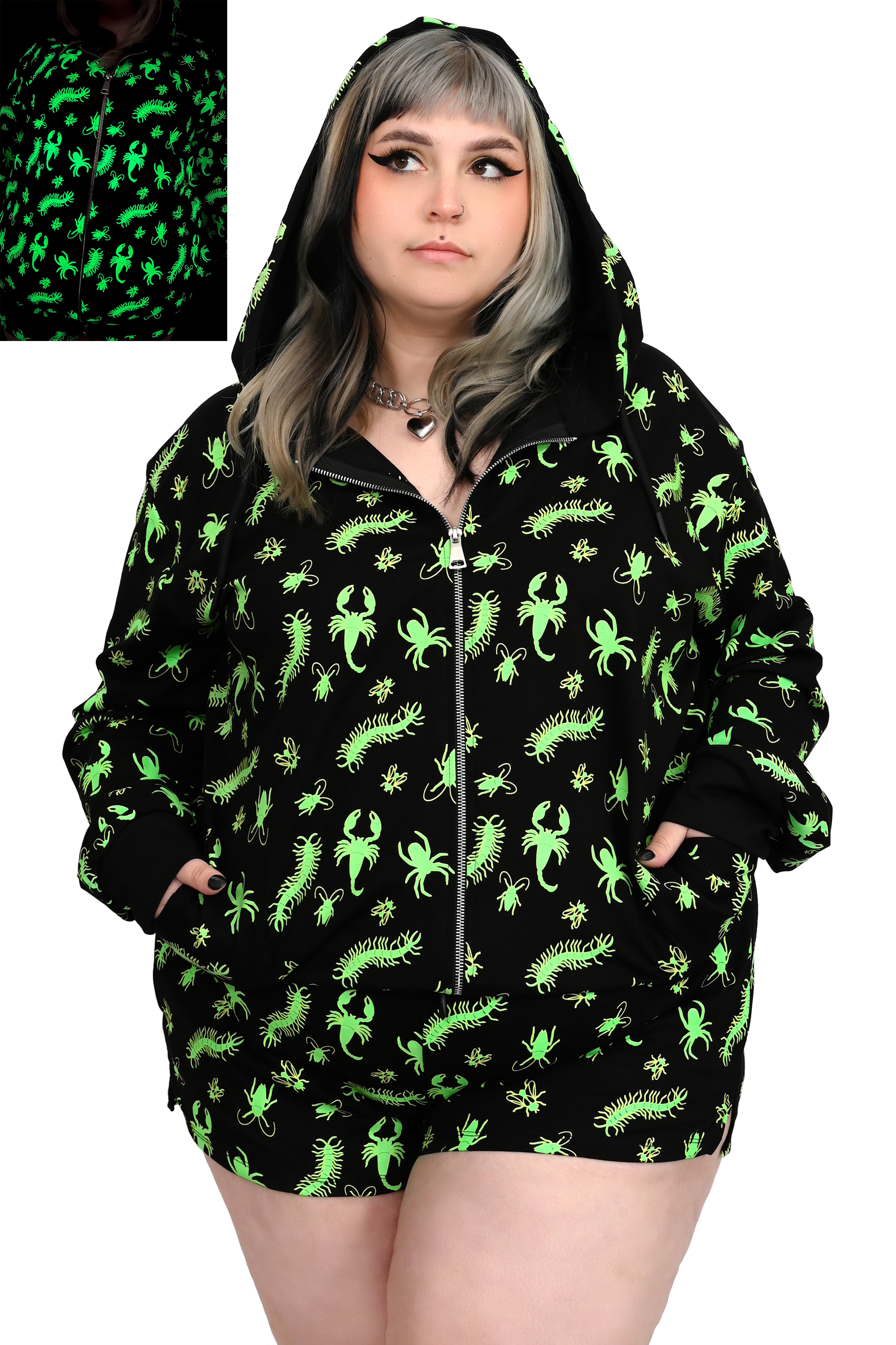 black zip up hoodie with with green glow in the dark bug print