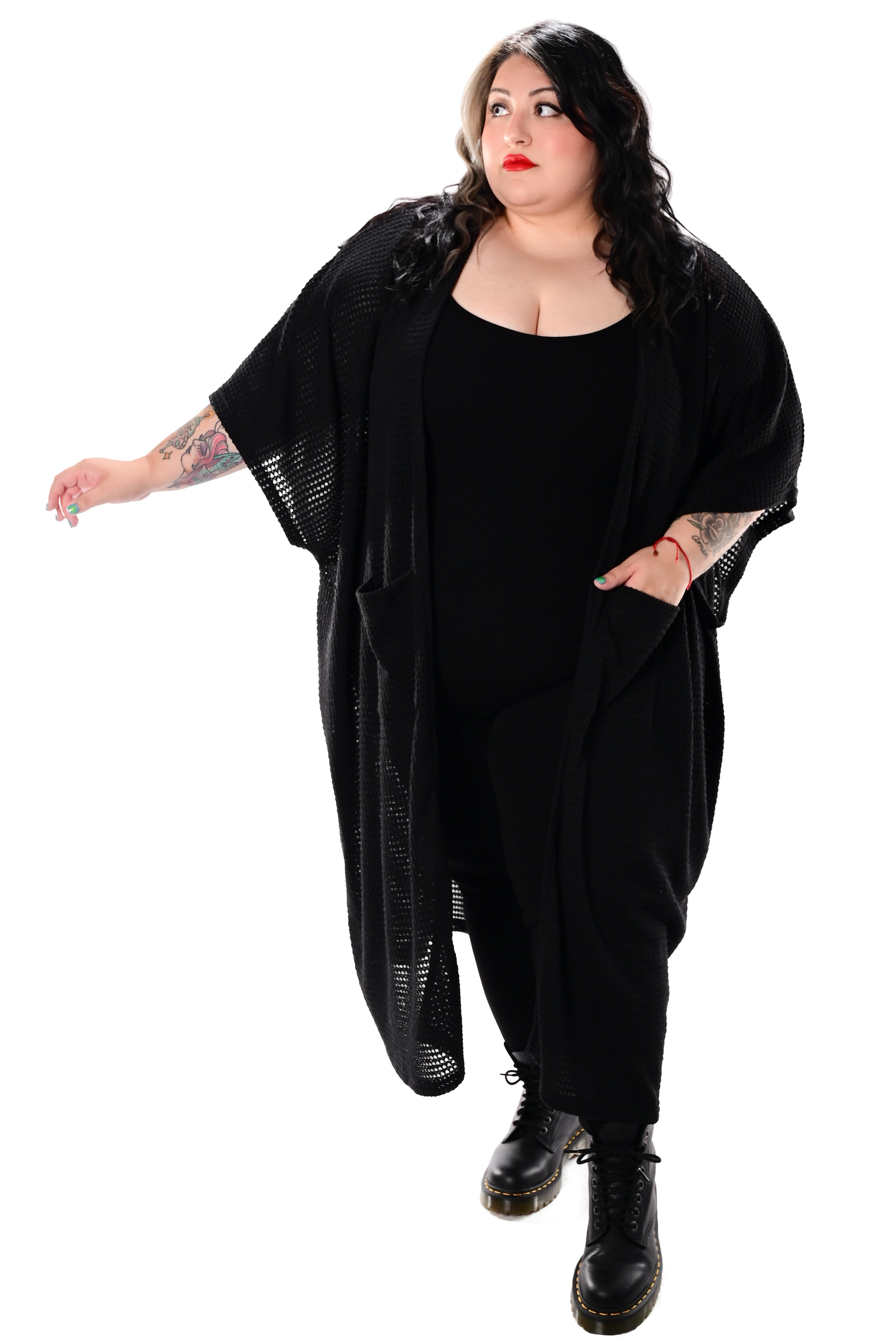 oversized open front waffle cardigan