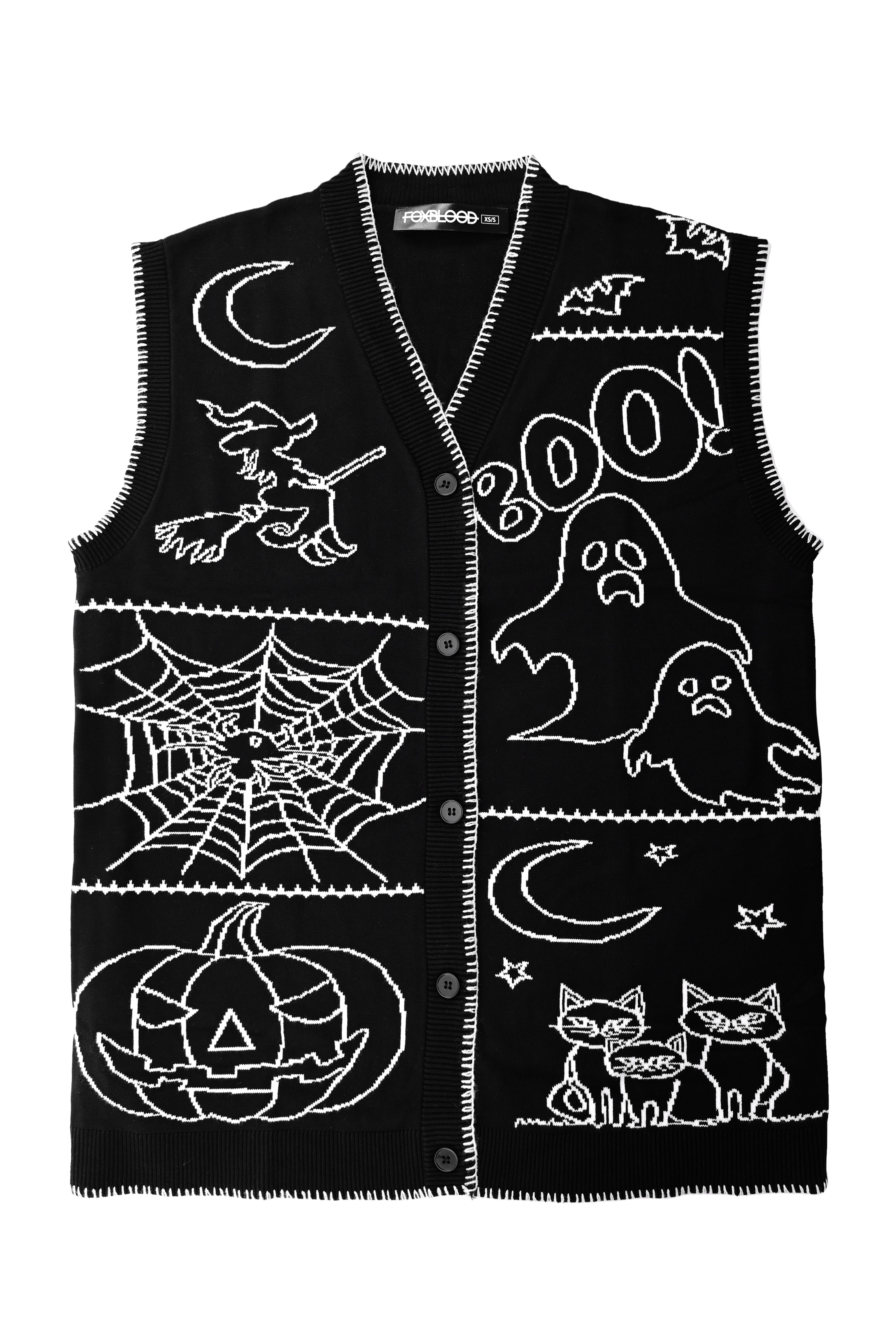 black button up sweater vest with halloween patchwork pattern and white stitching