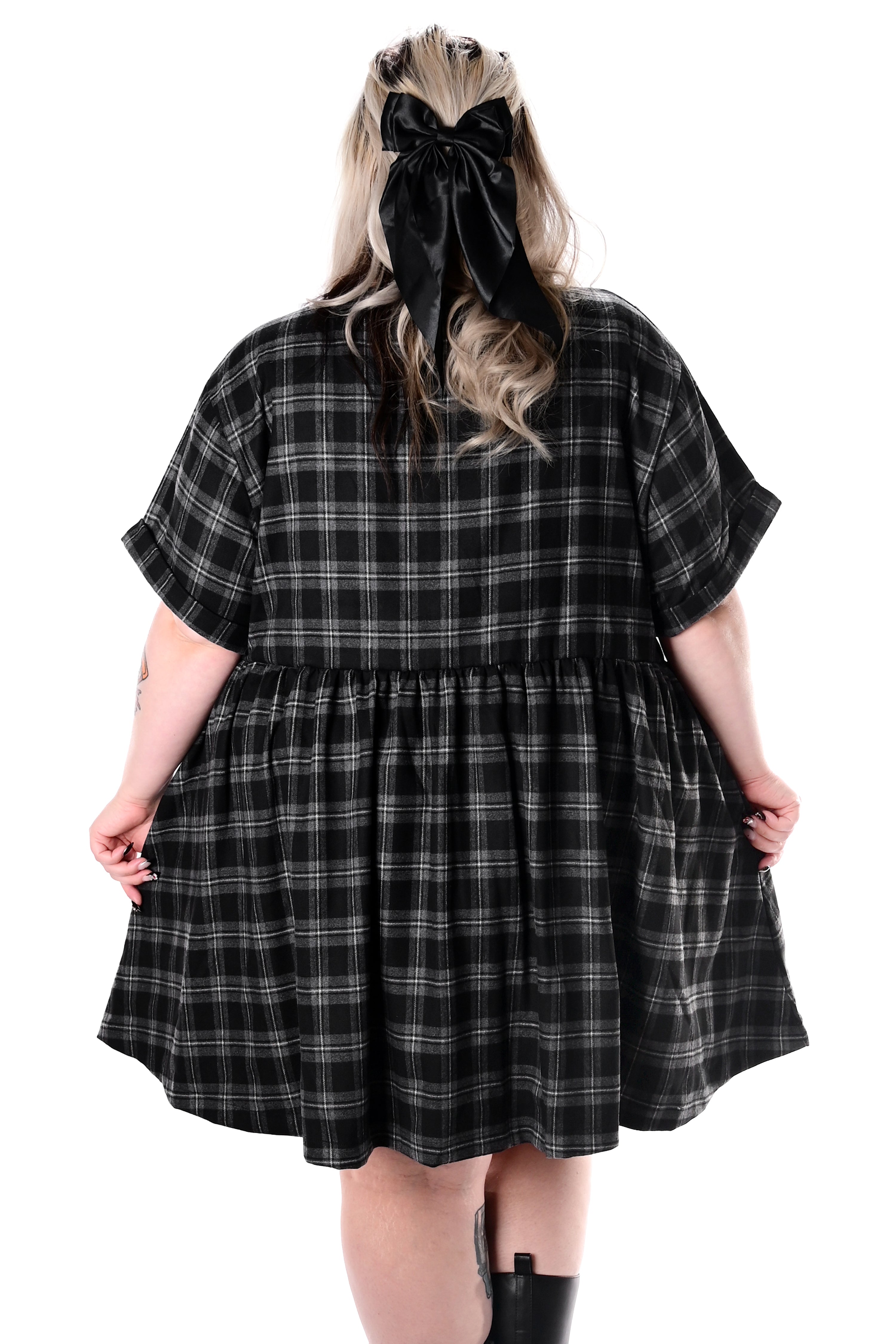 grey plaid button up babydoll dress
