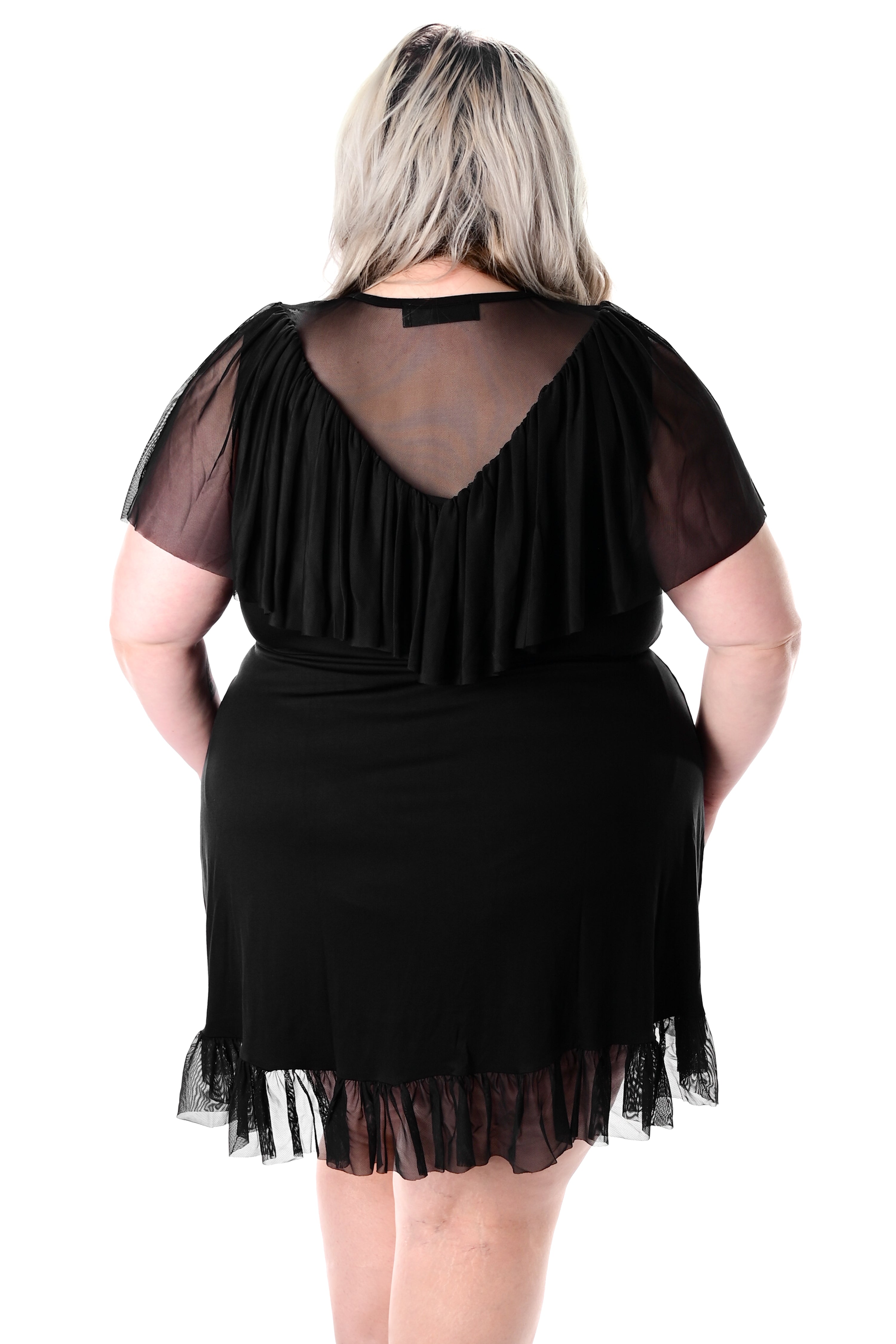Black mini dress with a soft upper mesh ruffle neckline and mesh bottom hem