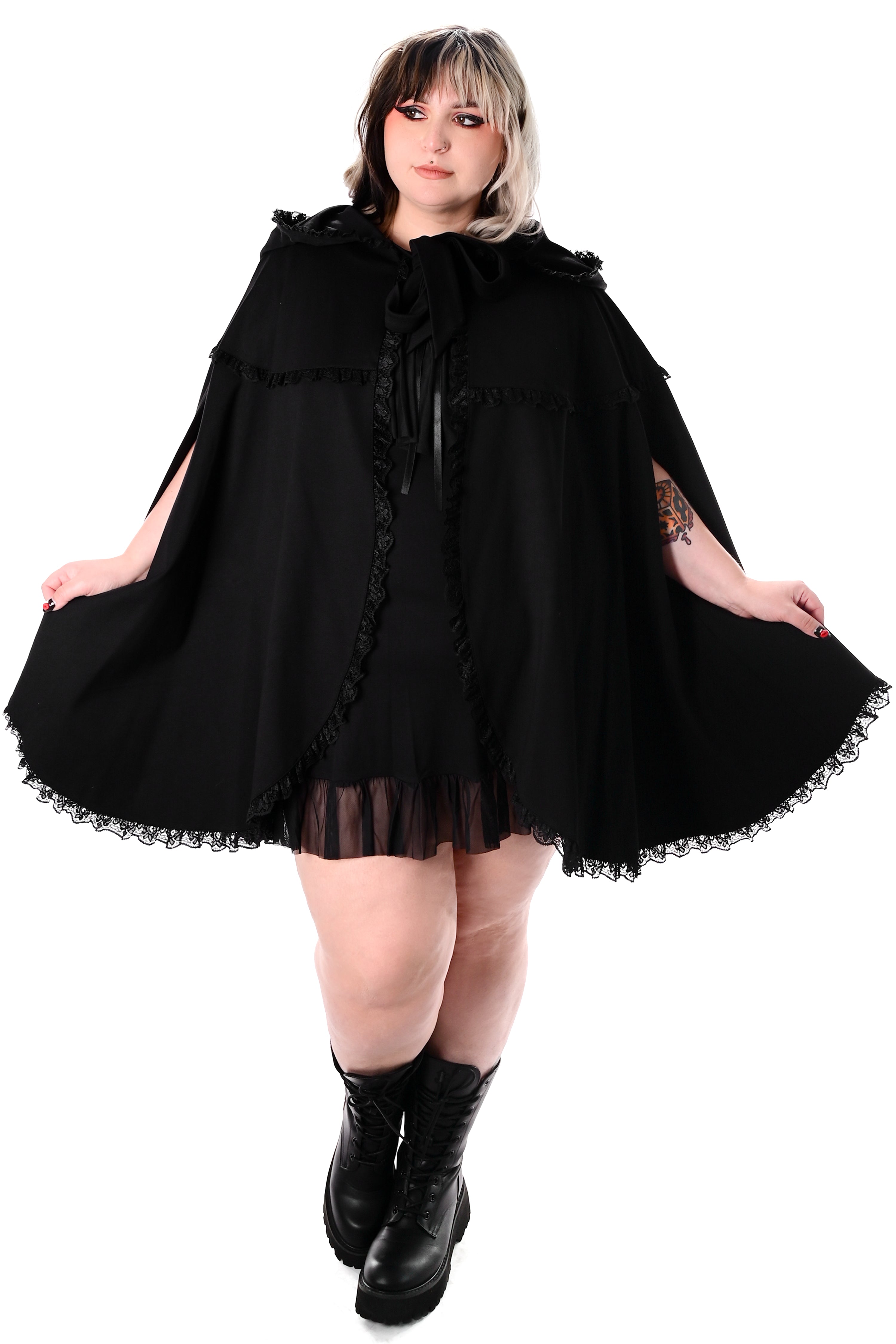 black oversized hooded cape with lace detailing and tie front