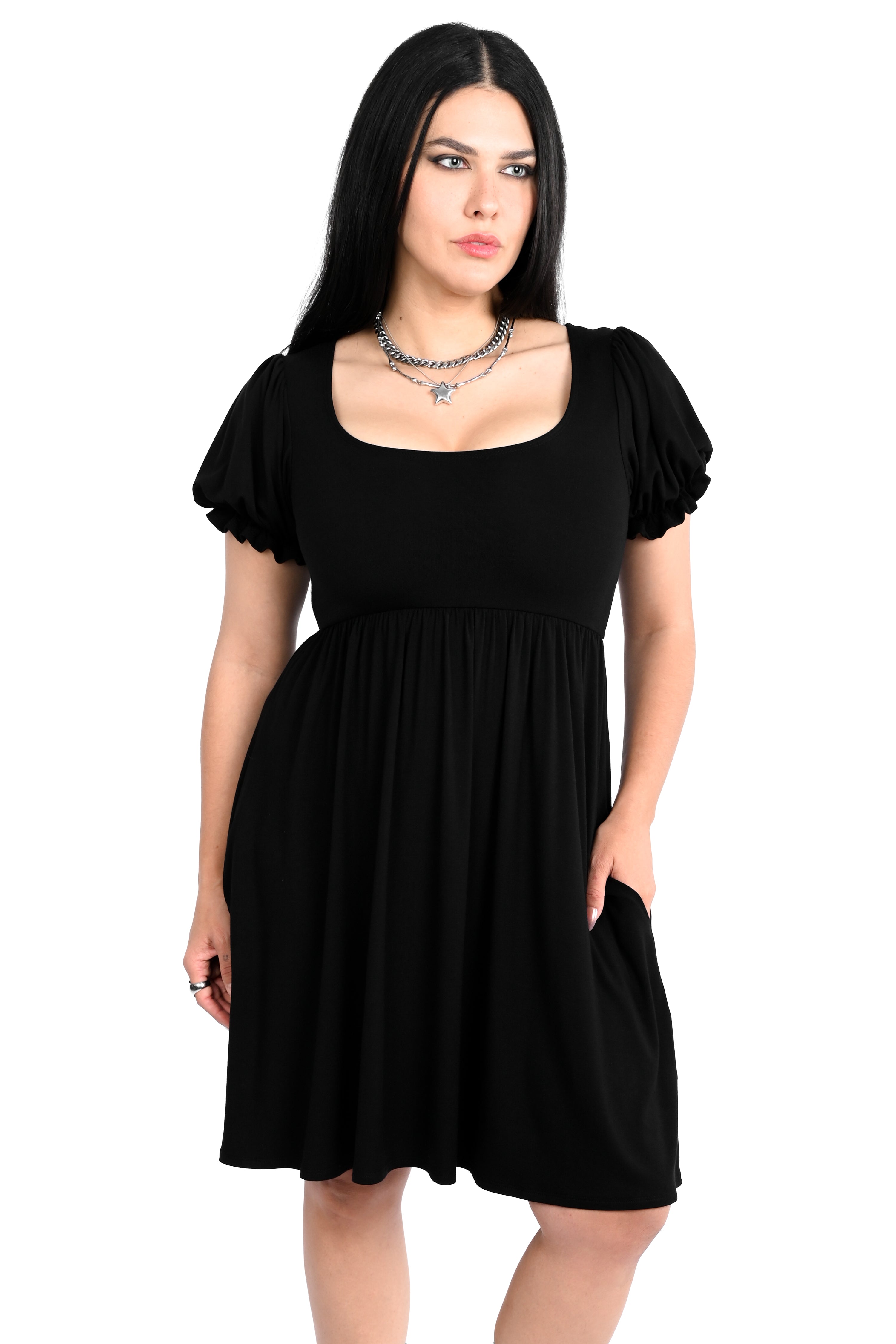 black mini dress with a slight puff sleeve and square neckline