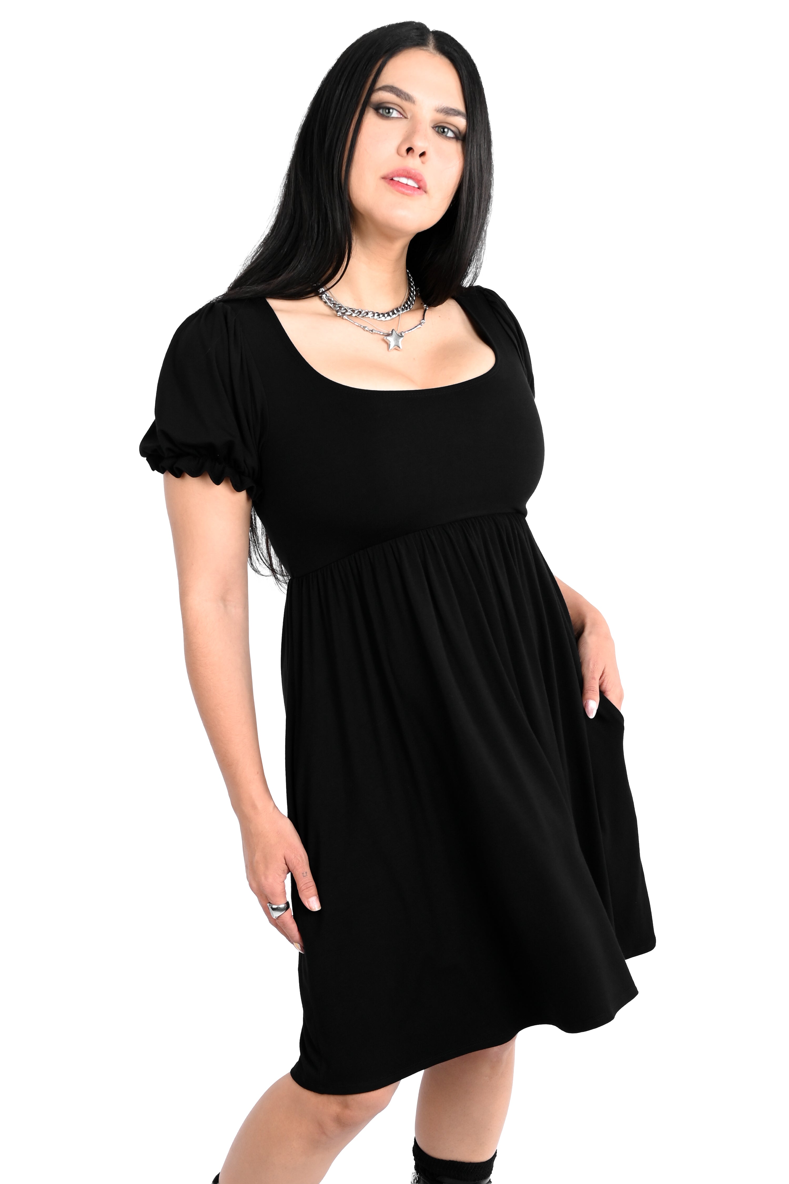 black mini dress with a slight puff sleeve and square neckline