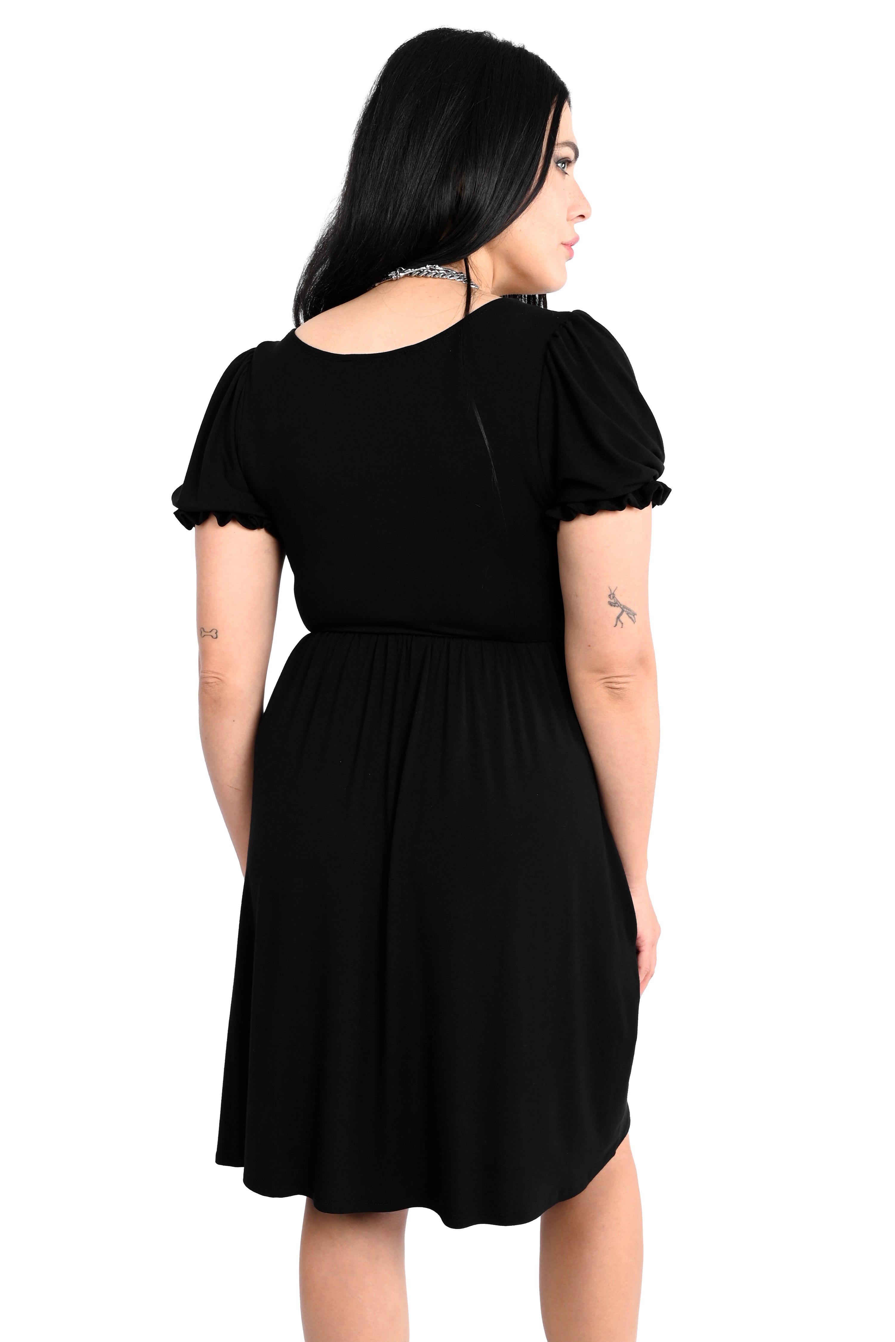 black mini dress with a slight puff sleeve and square neckline