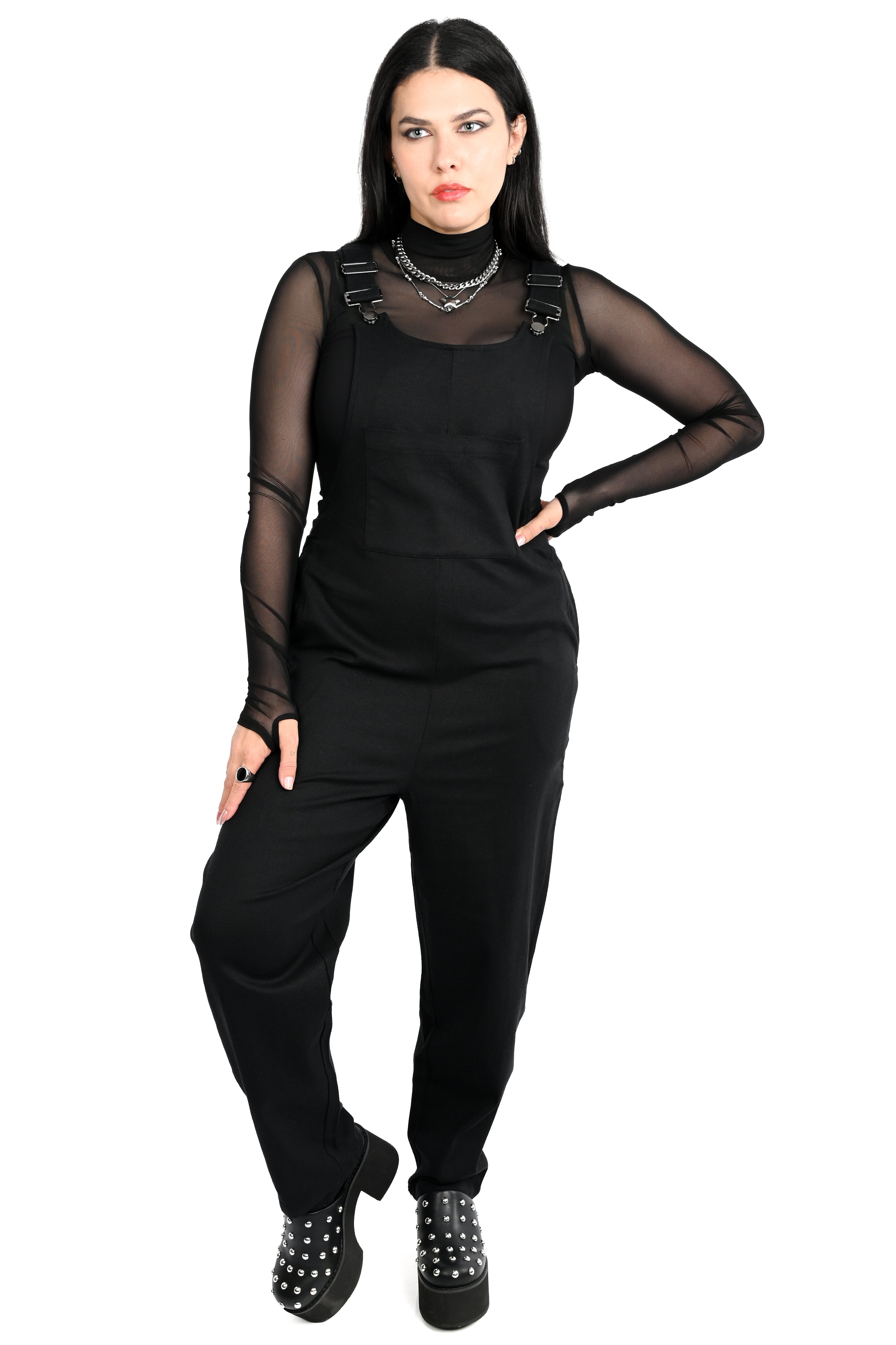 black overalls with silver hardware