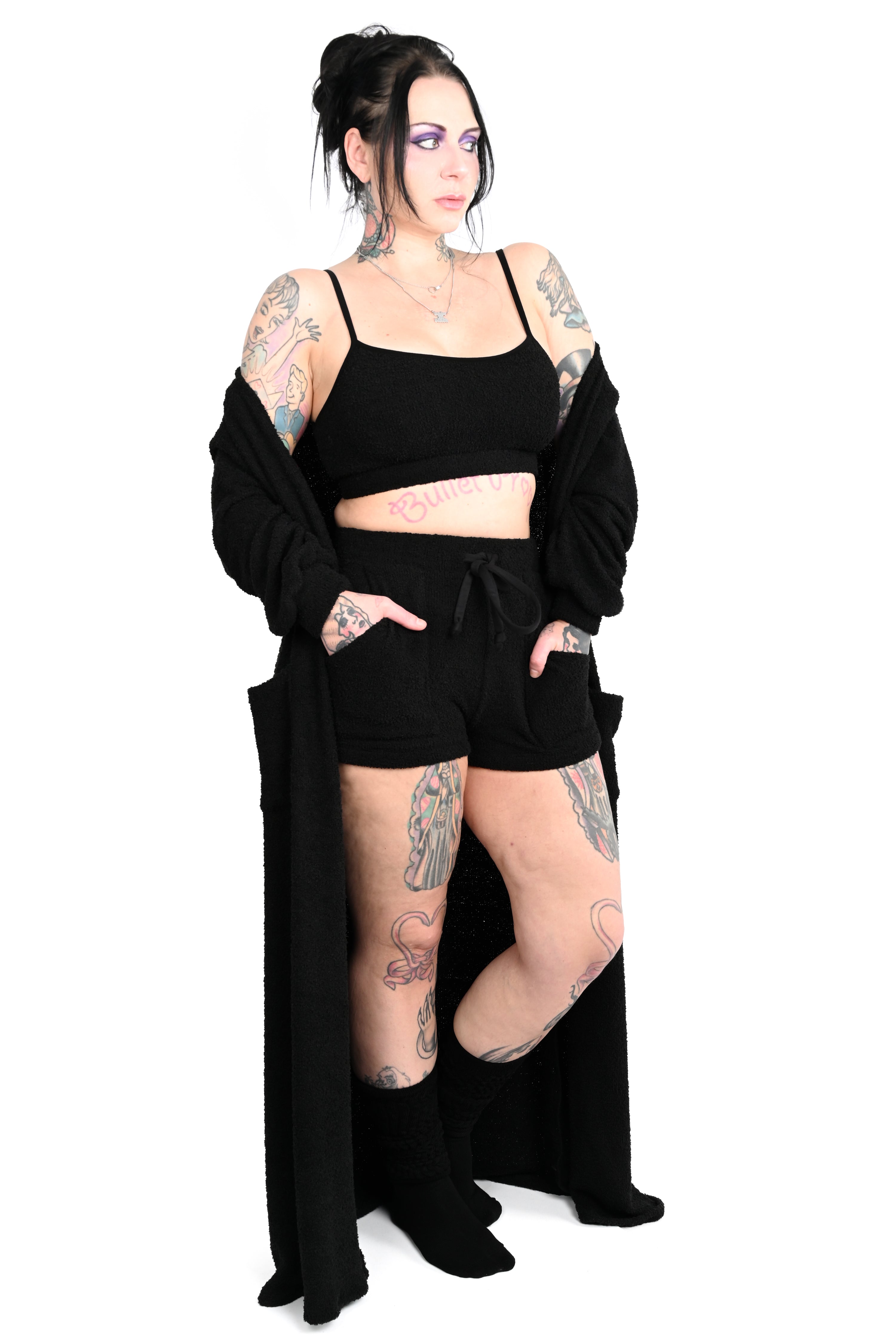 black fuzzy lounge set with, duster, bralette and shorts