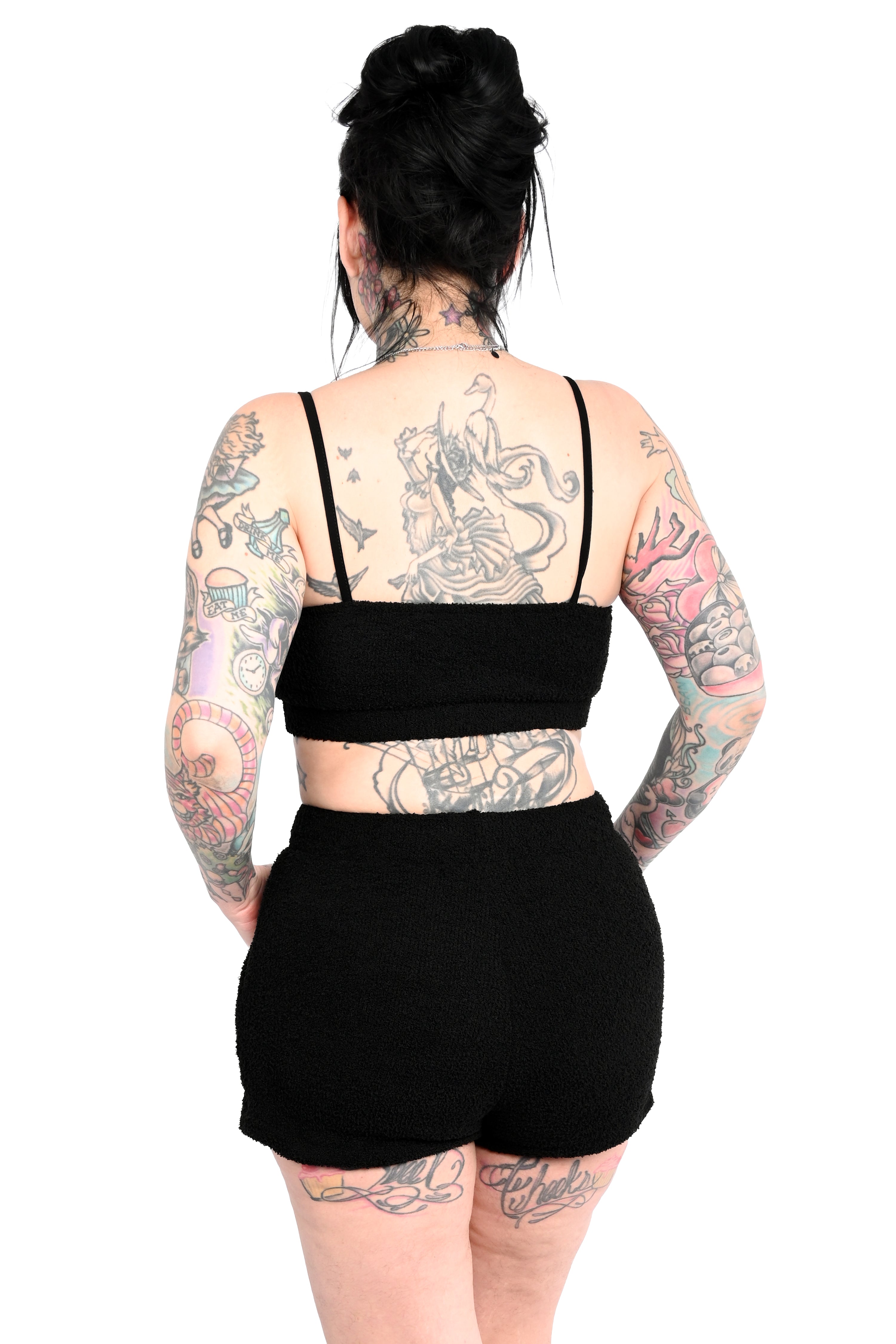 black fuzzy lounge set with bralette and shorts