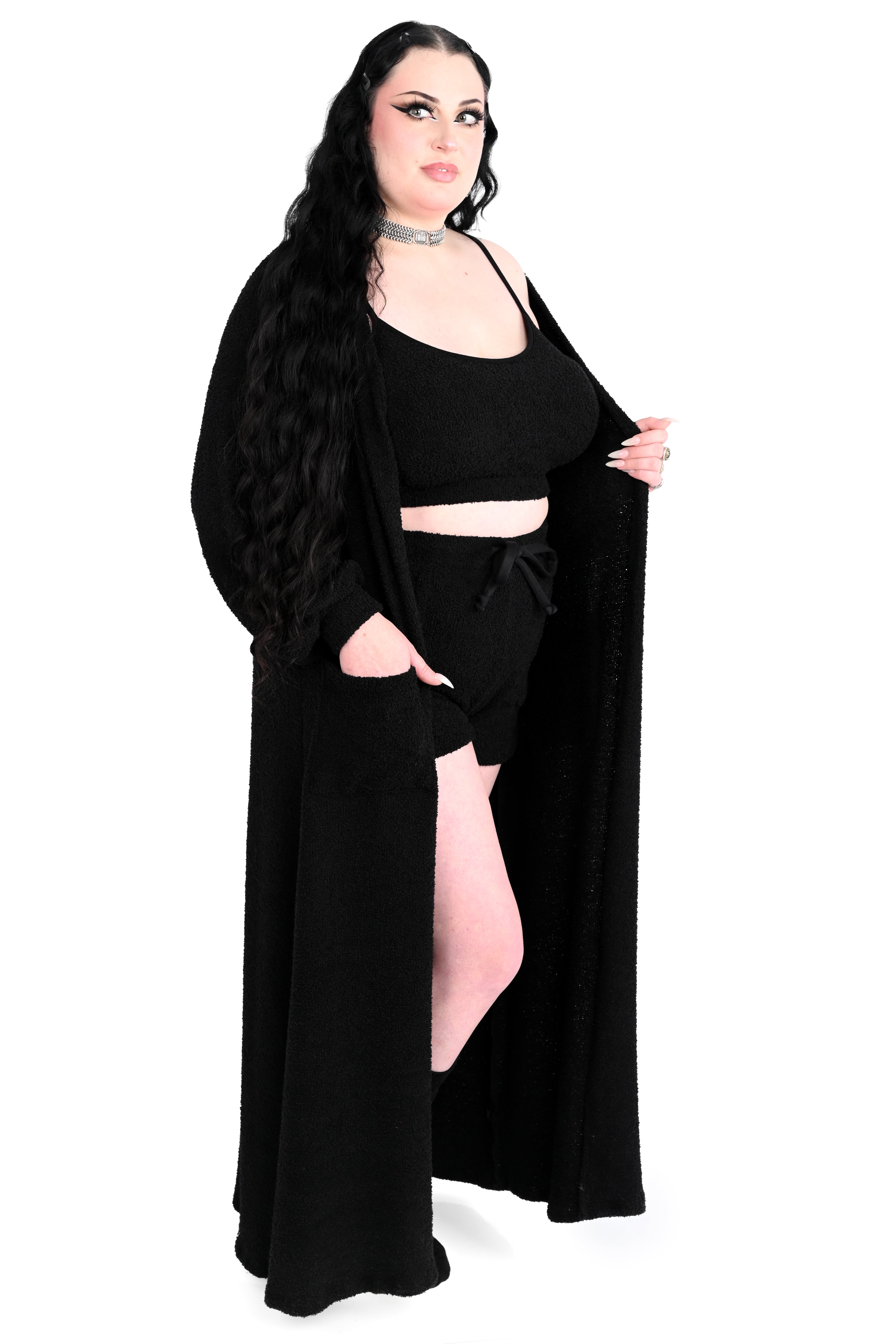 black fuzzy lounge set with, duster, bralette and shorts