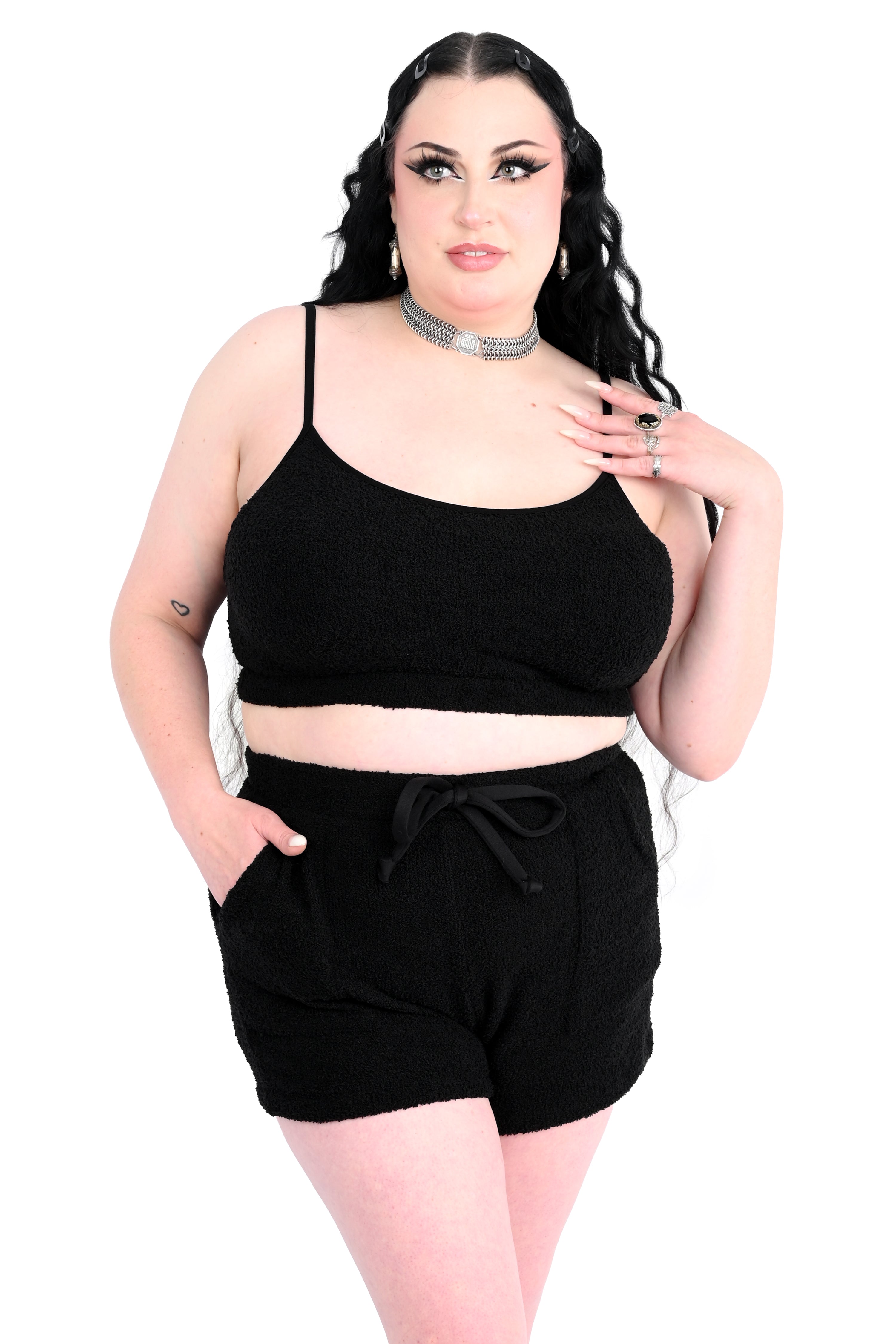black fuzzy lounge set with bralette and shorts