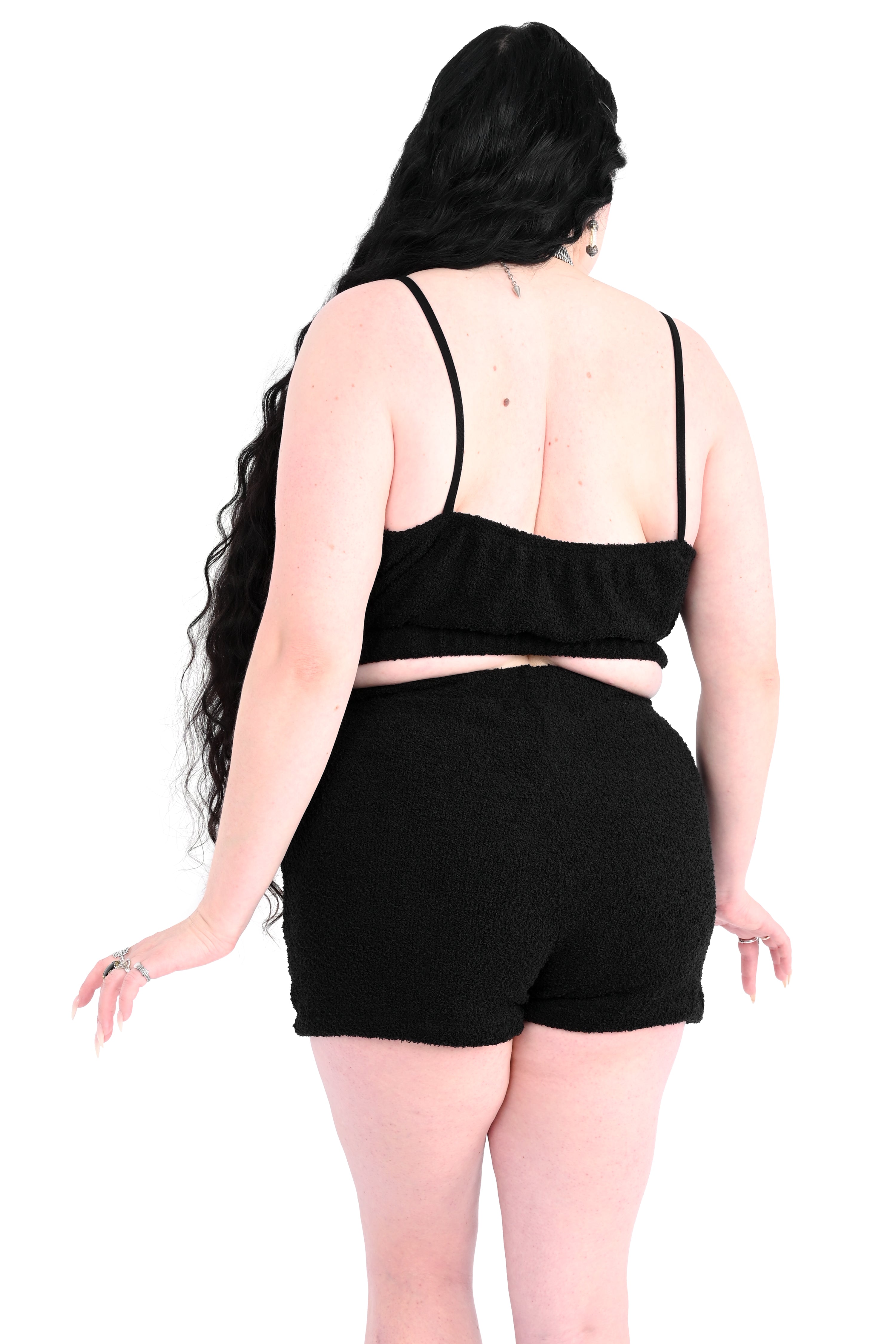 black fuzzy lounge set with bralette and shorts