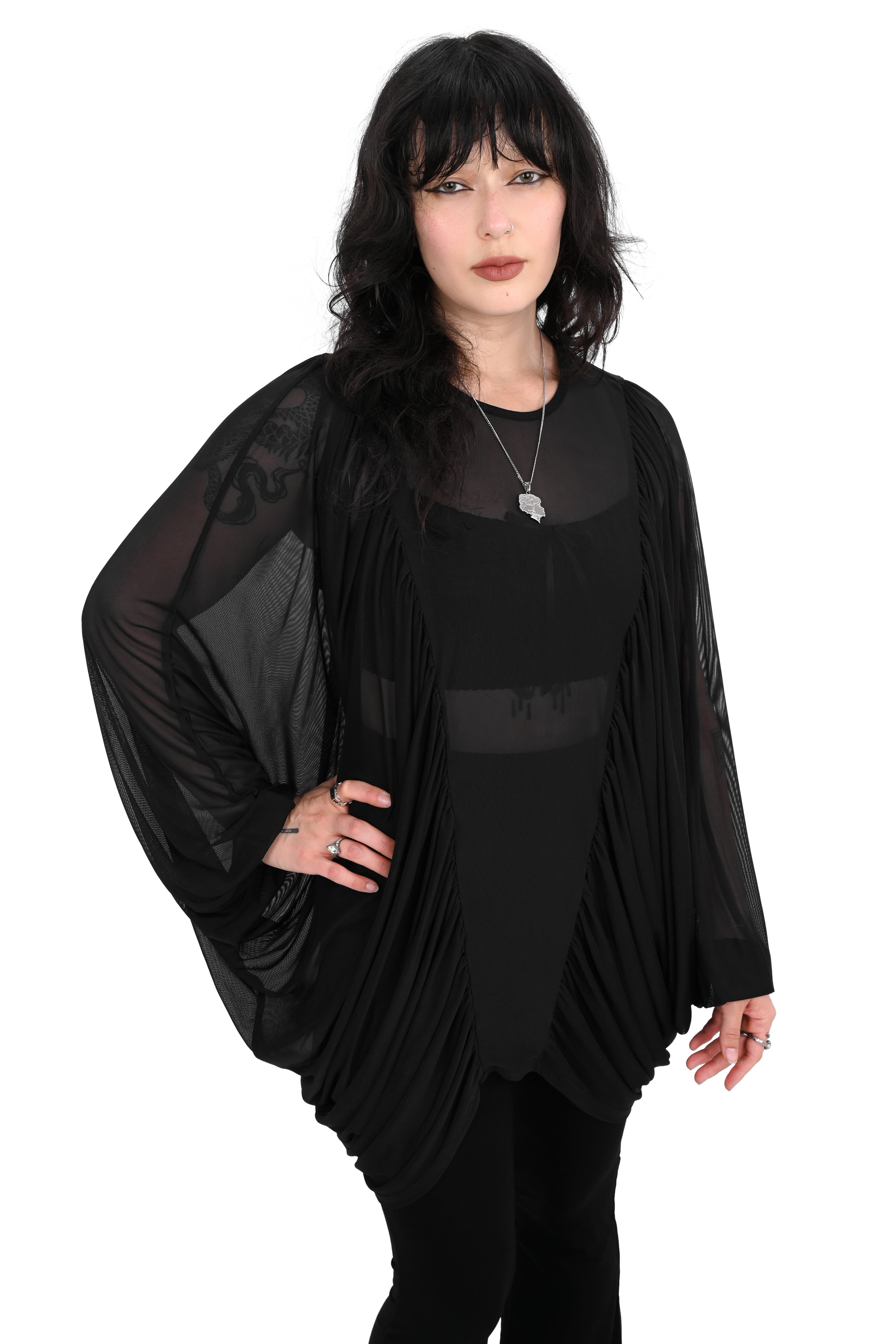 oversized mesh tunic with batwing sleeves