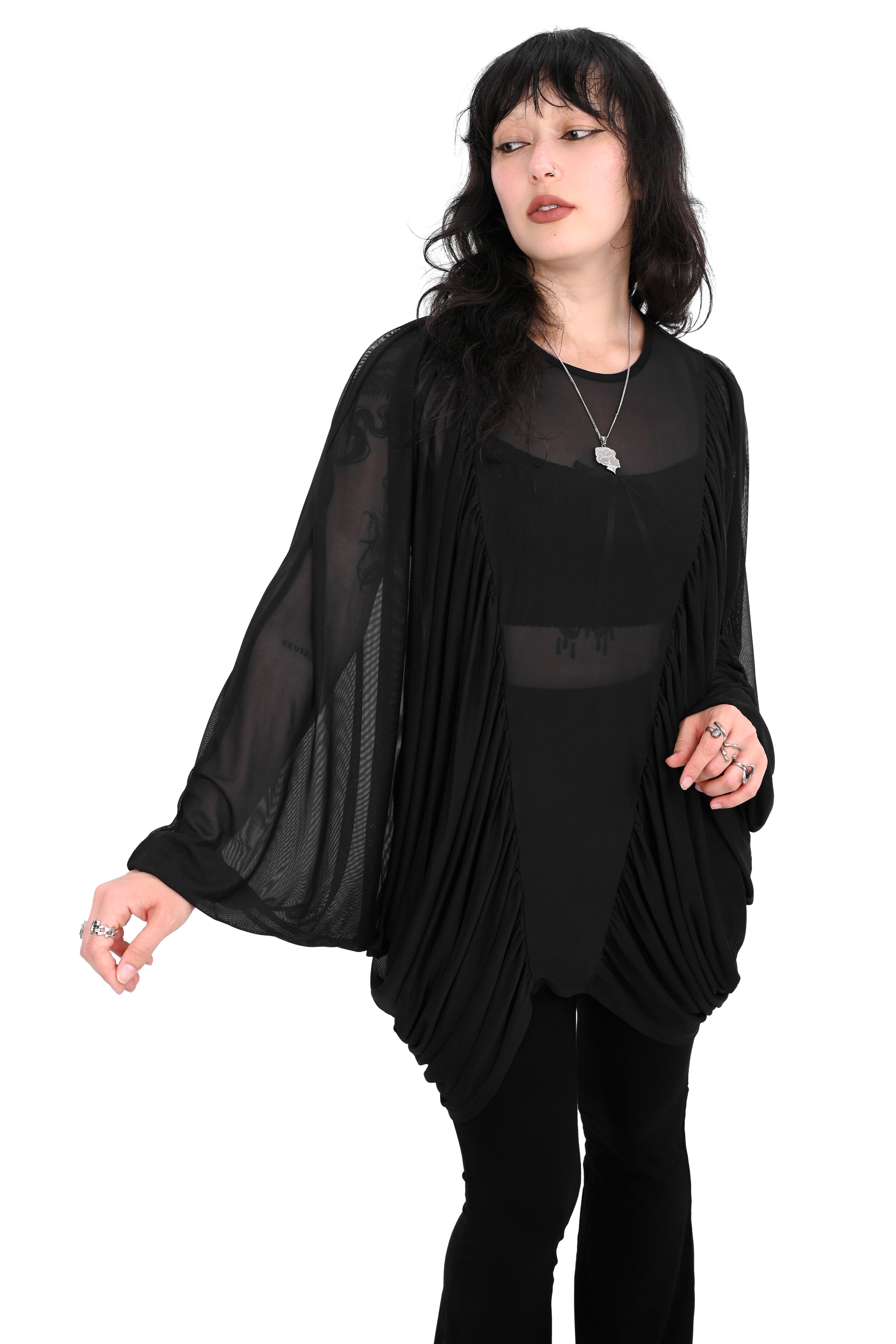 oversized mesh tunic with batwing sleeves
