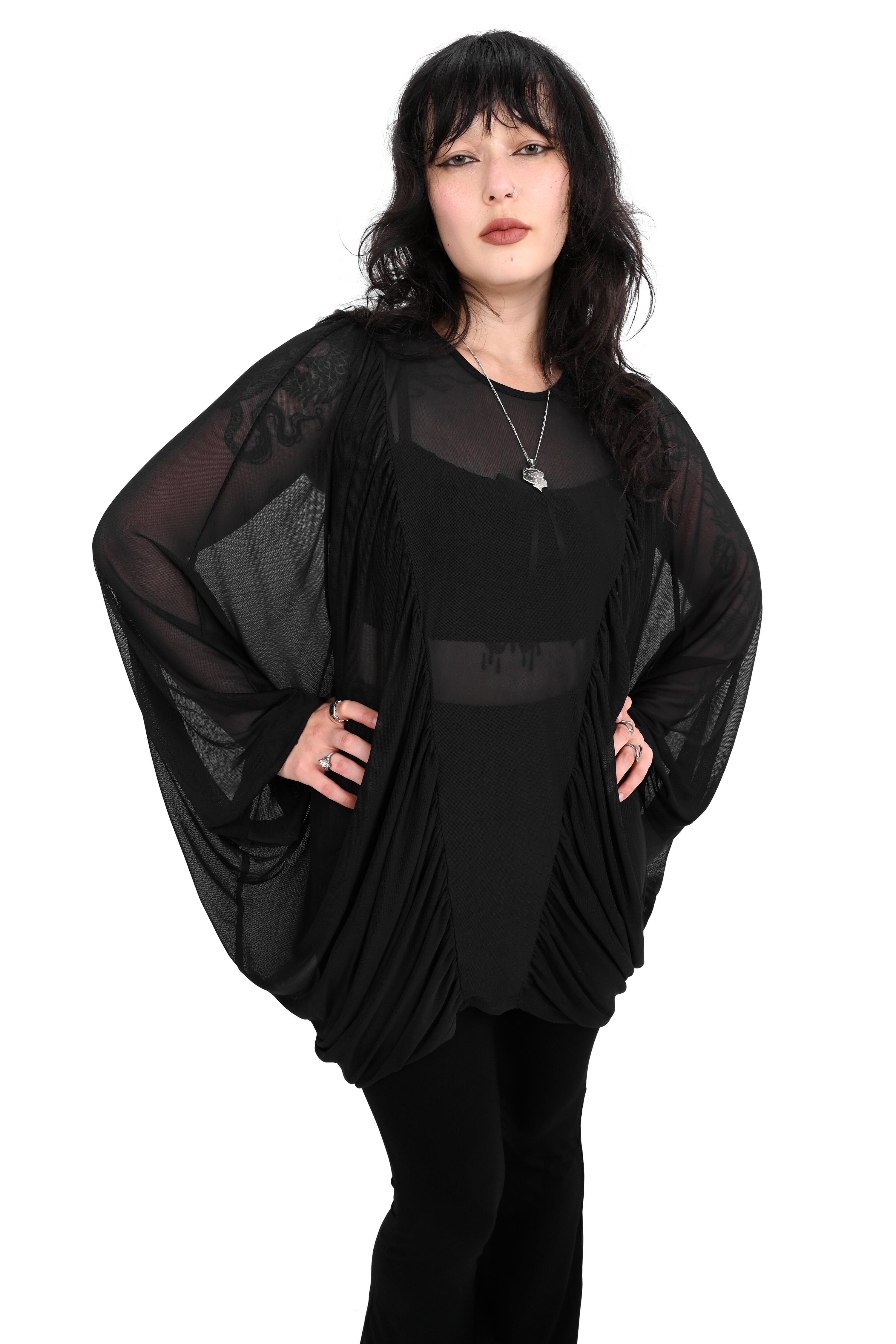 oversized mesh tunic with batwing sleeves