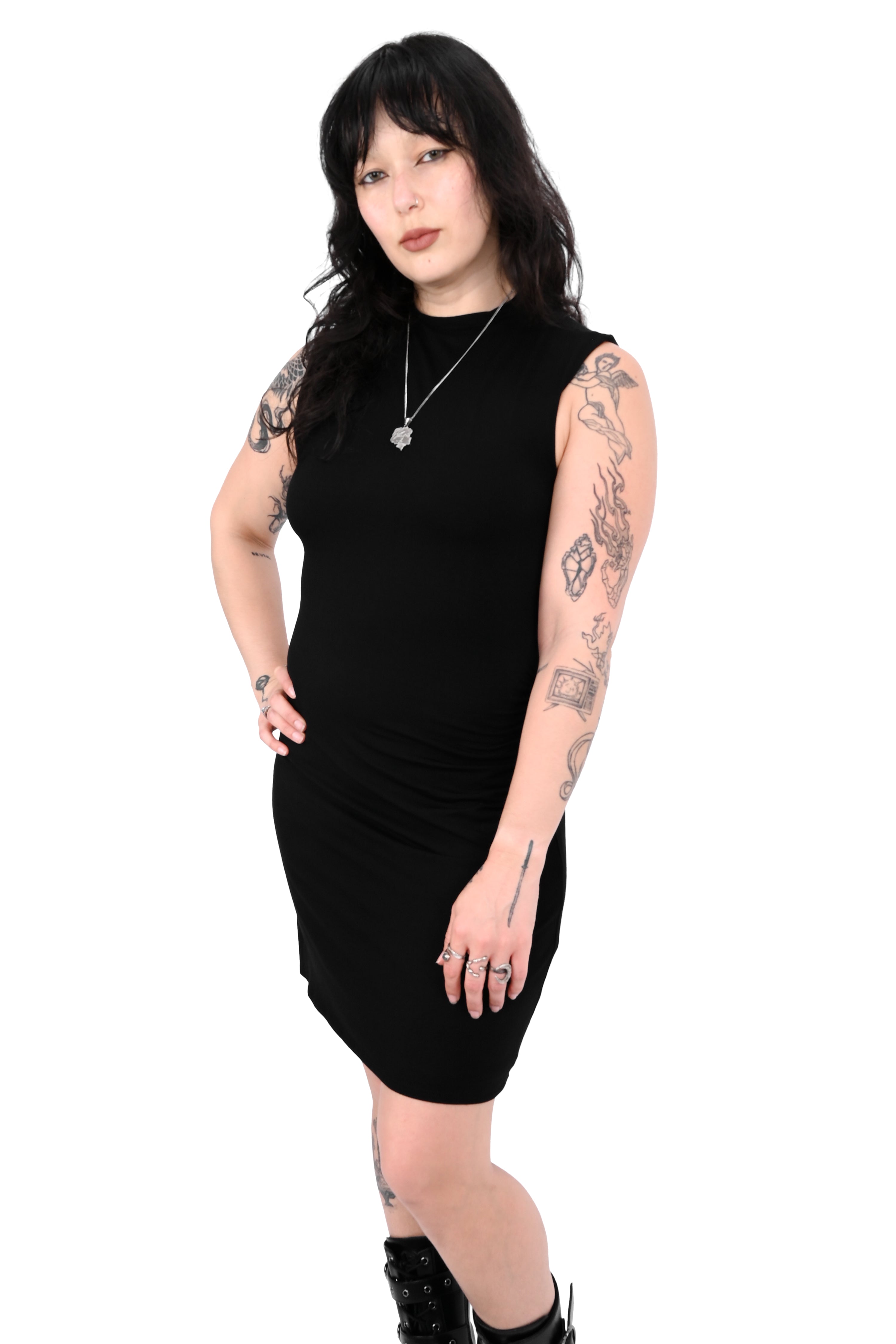 black mock neck mini dress with back zipper