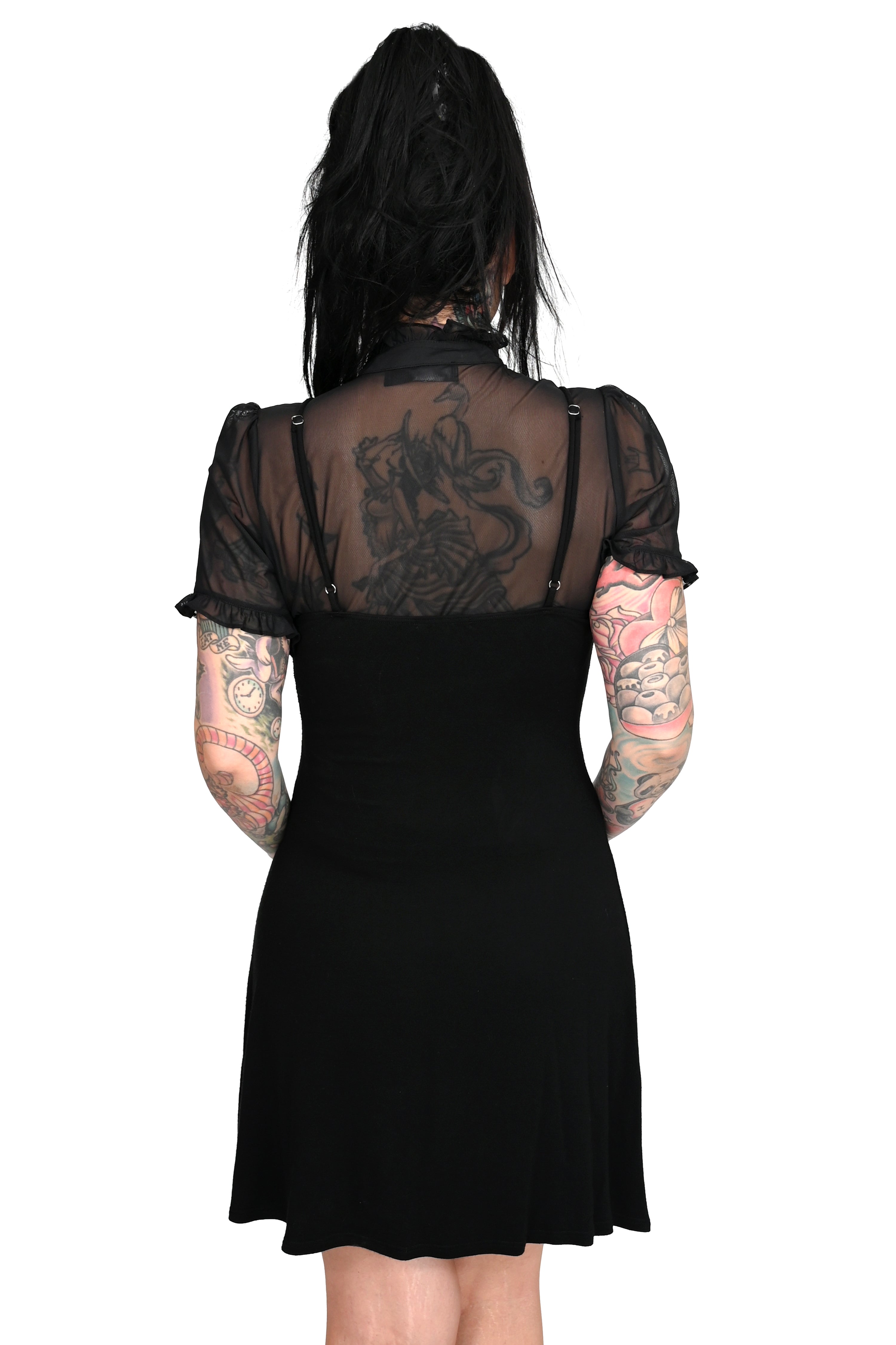 black button up short sleeve mesh top with ruffle sleeves