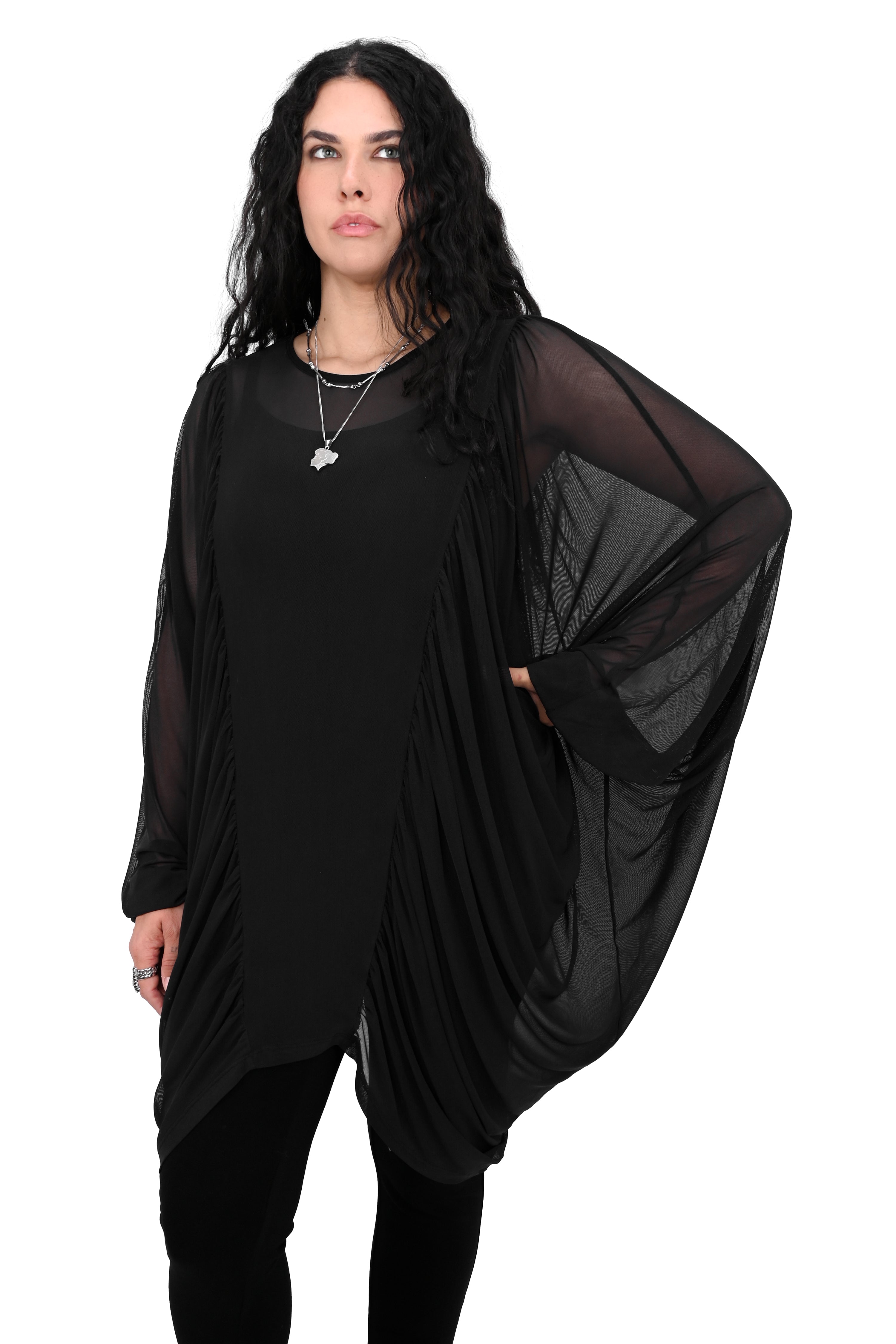 oversized mesh tunic with batwing sleeves