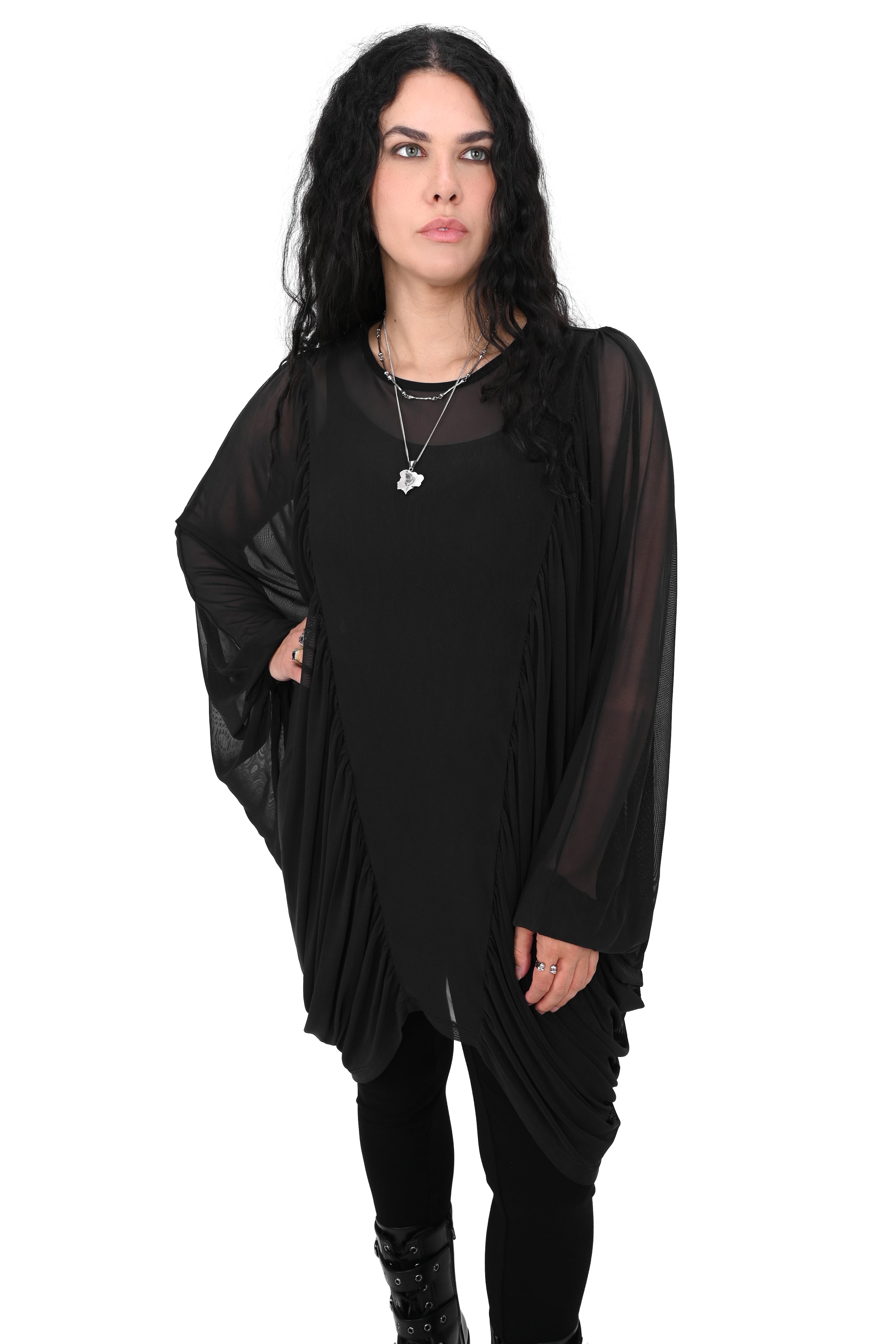 oversized mesh tunic with batwing sleeves