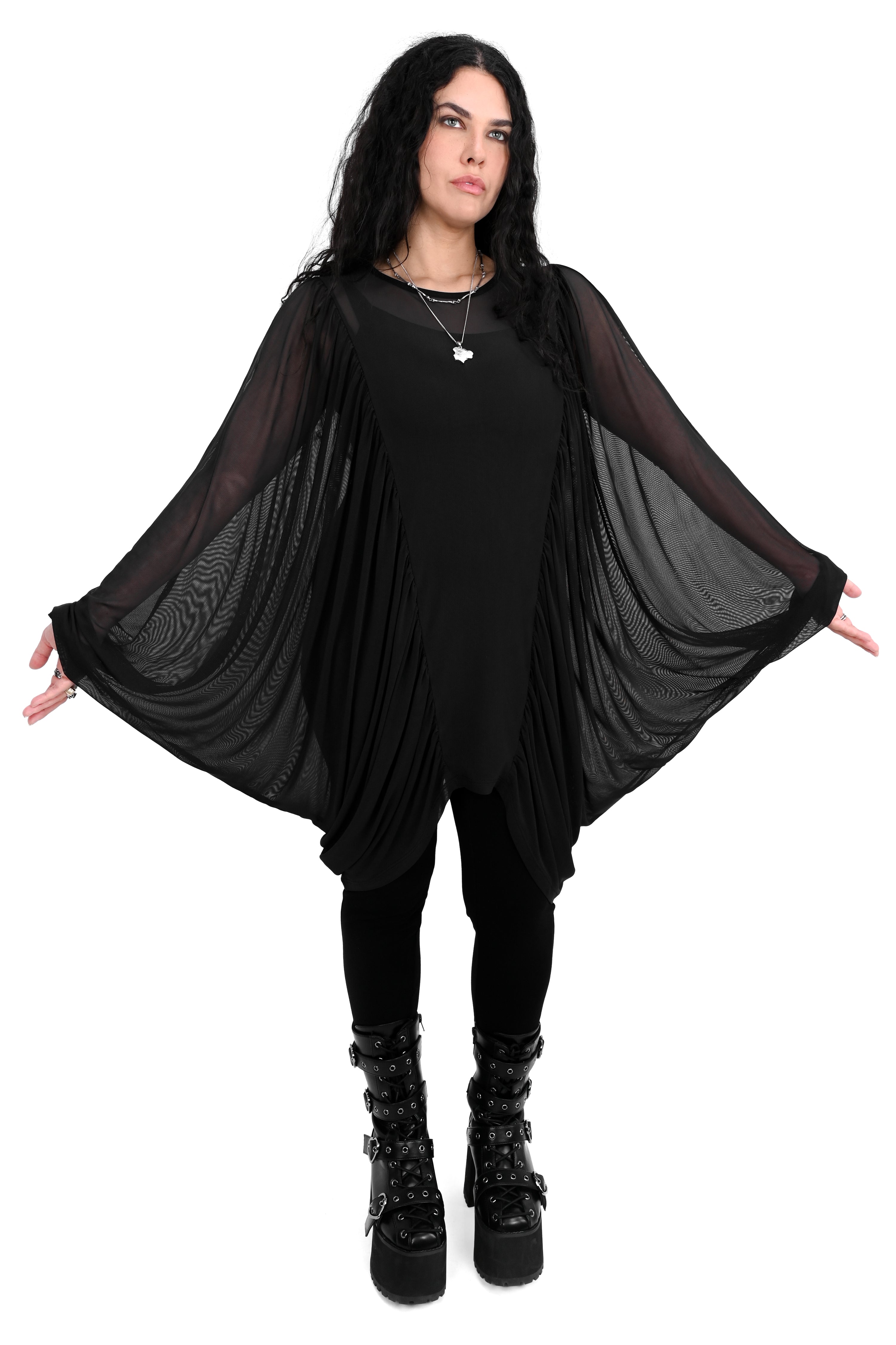 oversized mesh tunic with batwing sleeves