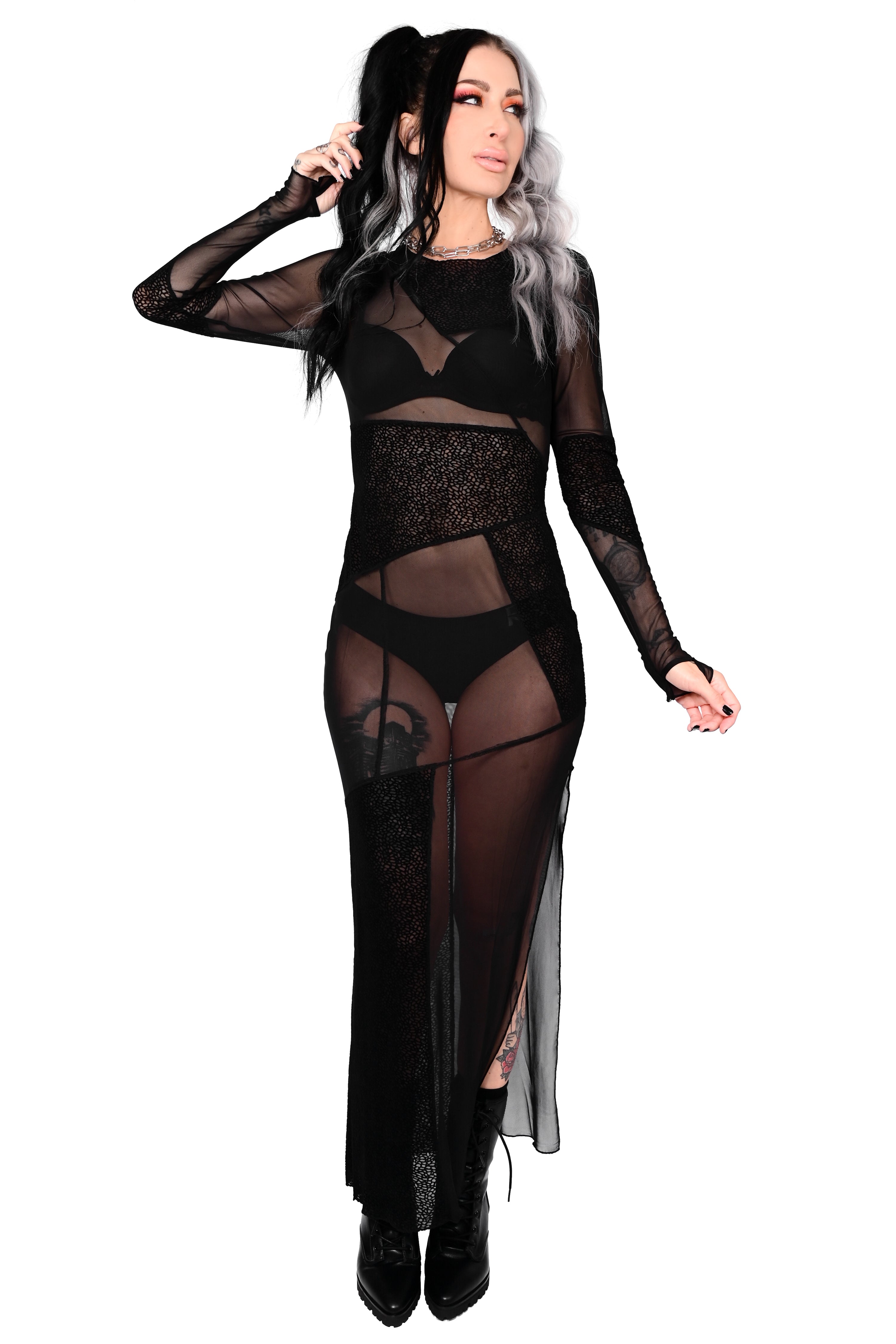 Long sleeve mesh dress with patchwork pebbled flocking throughout