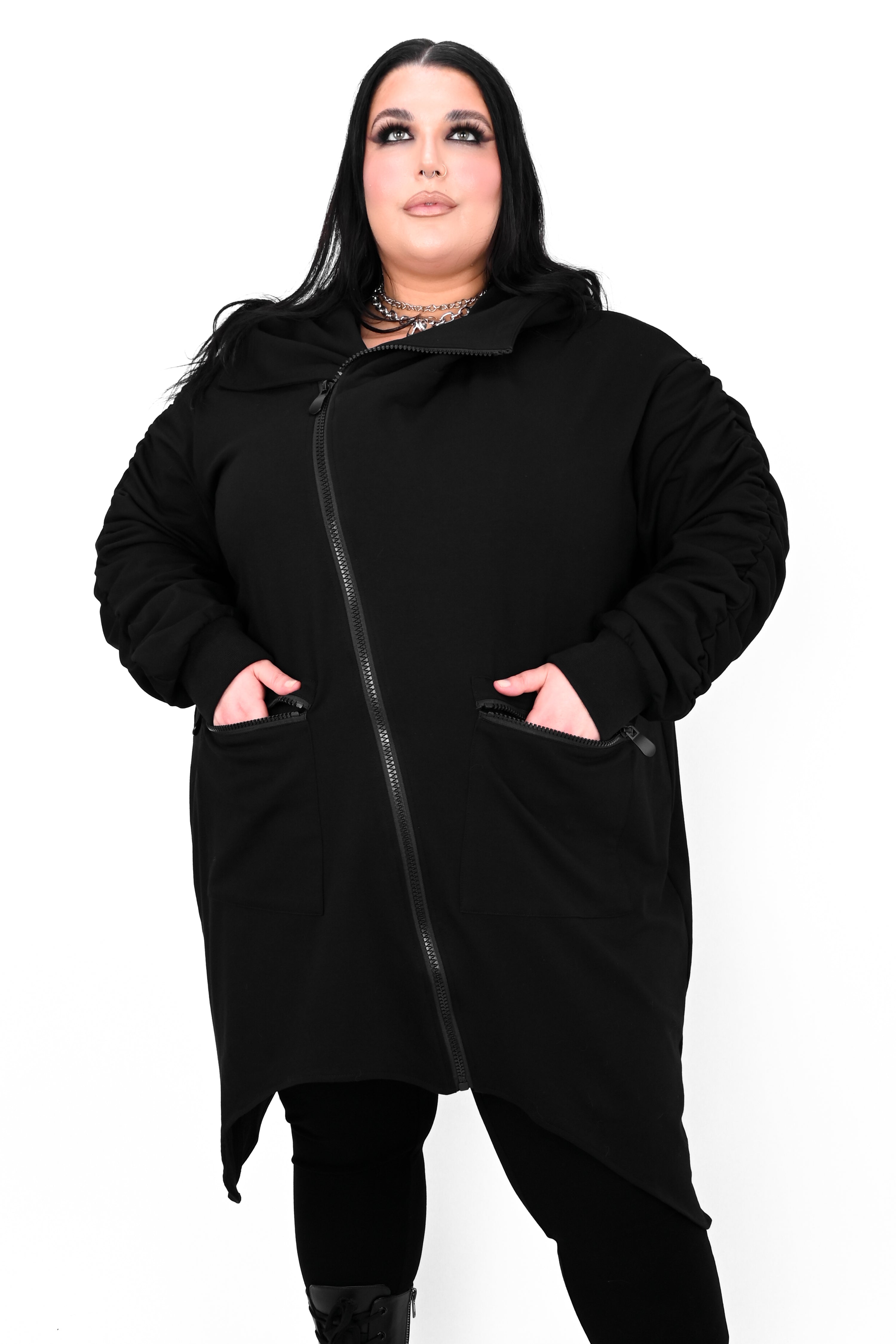 asymmetrical zip up cardigan with pockets