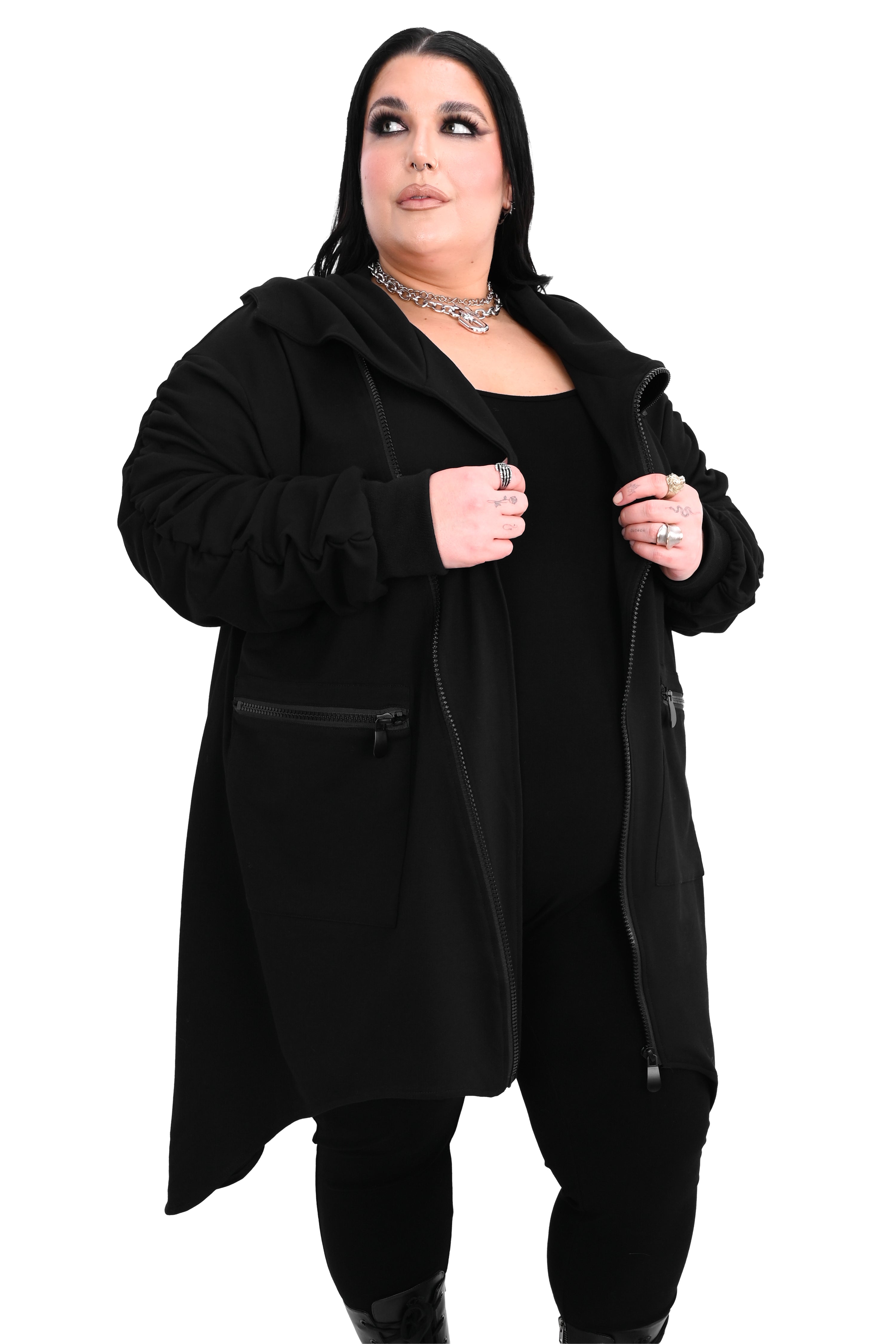 asymmetrical zip up cardigan with pockets