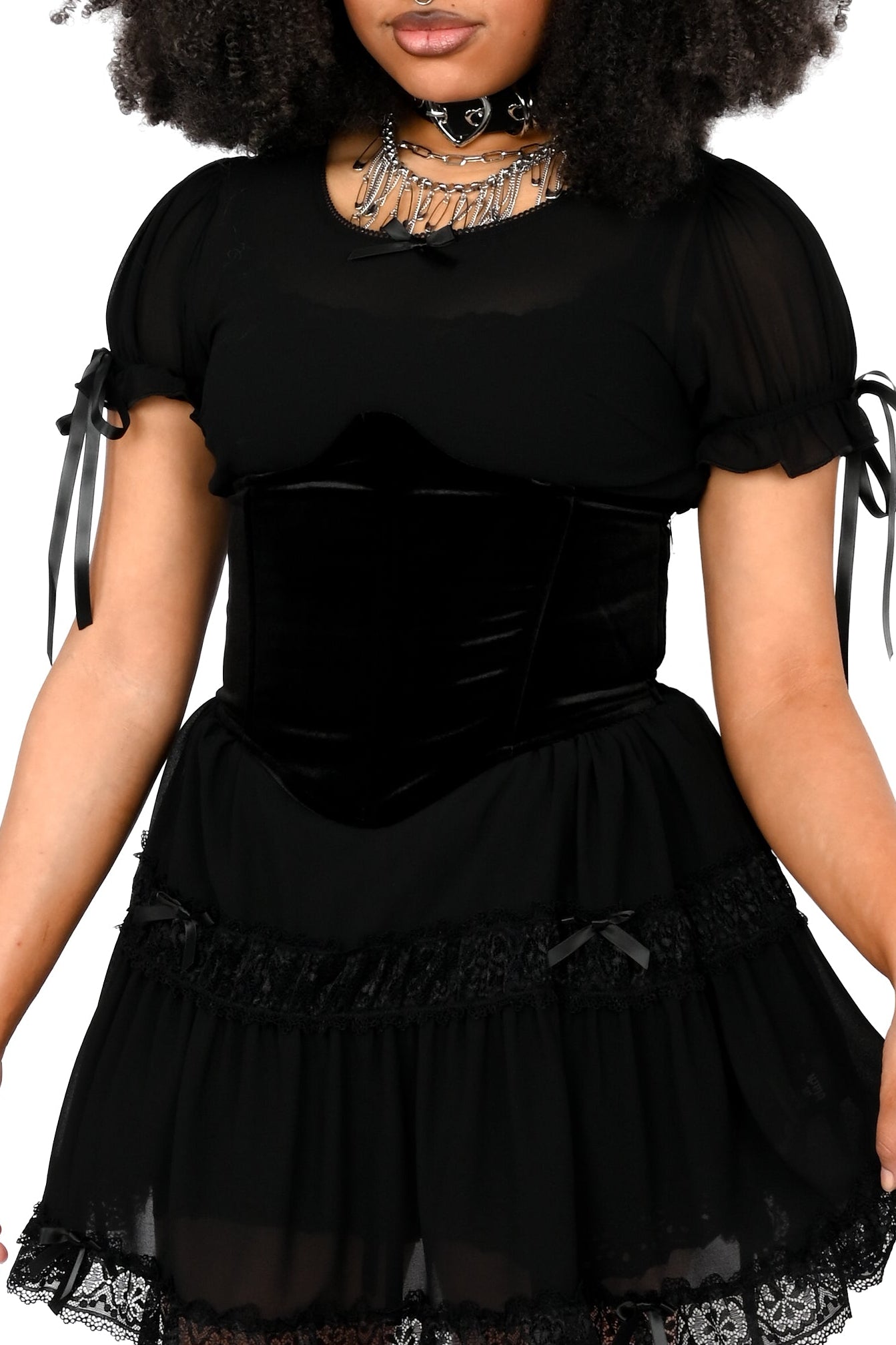 Black velvet underbust belt with flexible boning throughout.
