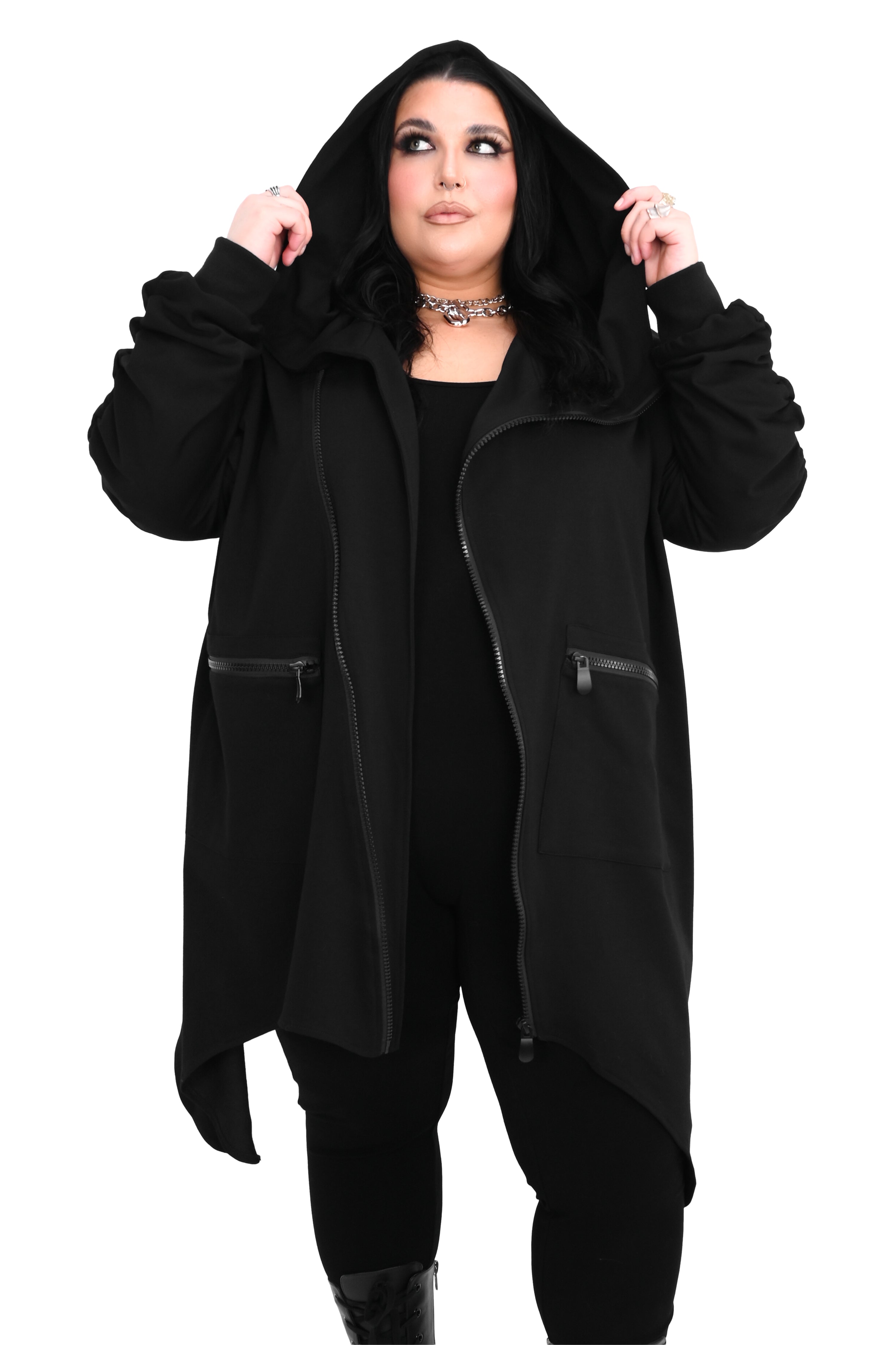 asymmetrical zip up cardigan with pockets