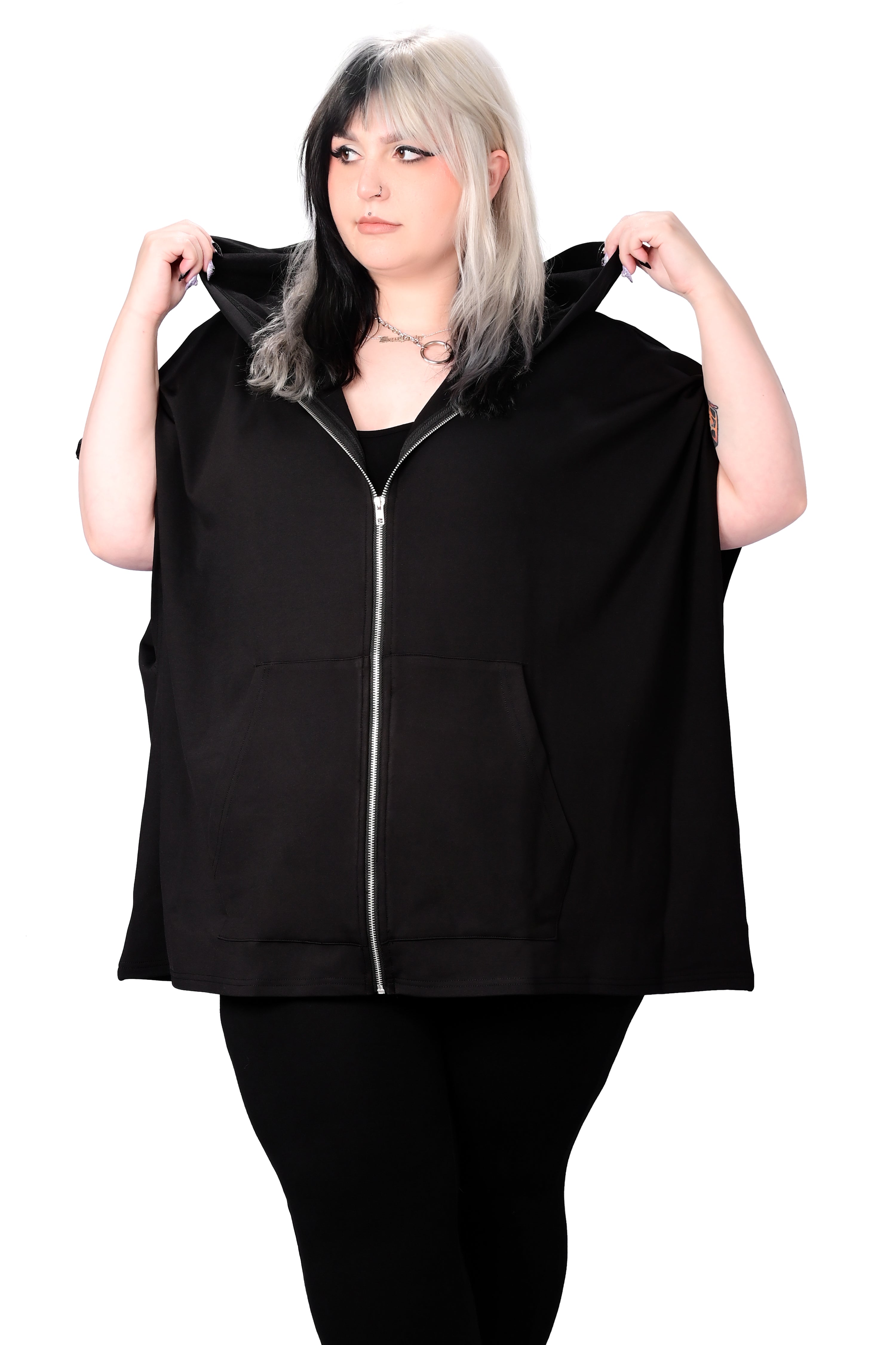 black hooded zip up poncho