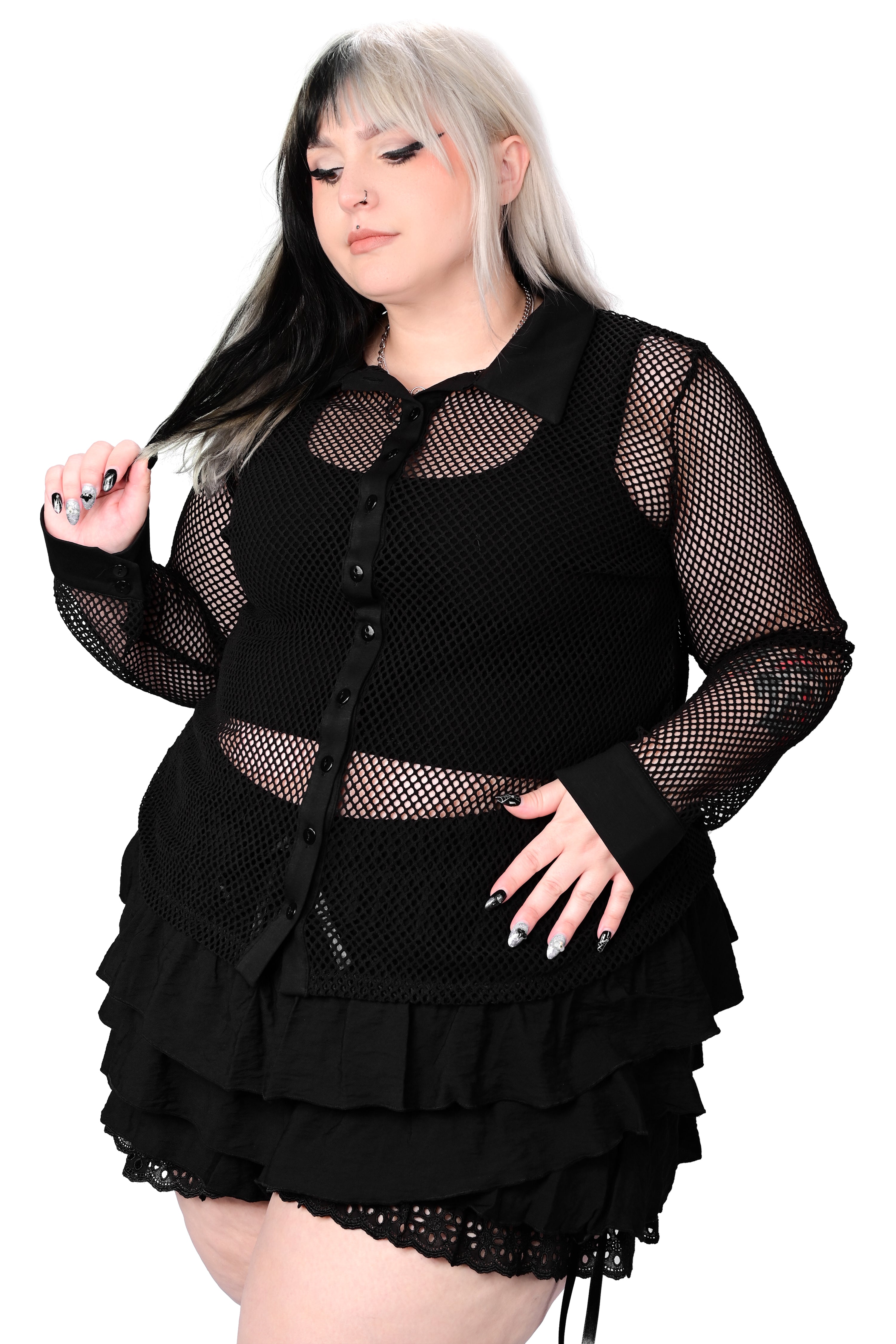 black button up fishnet top with pointed collar