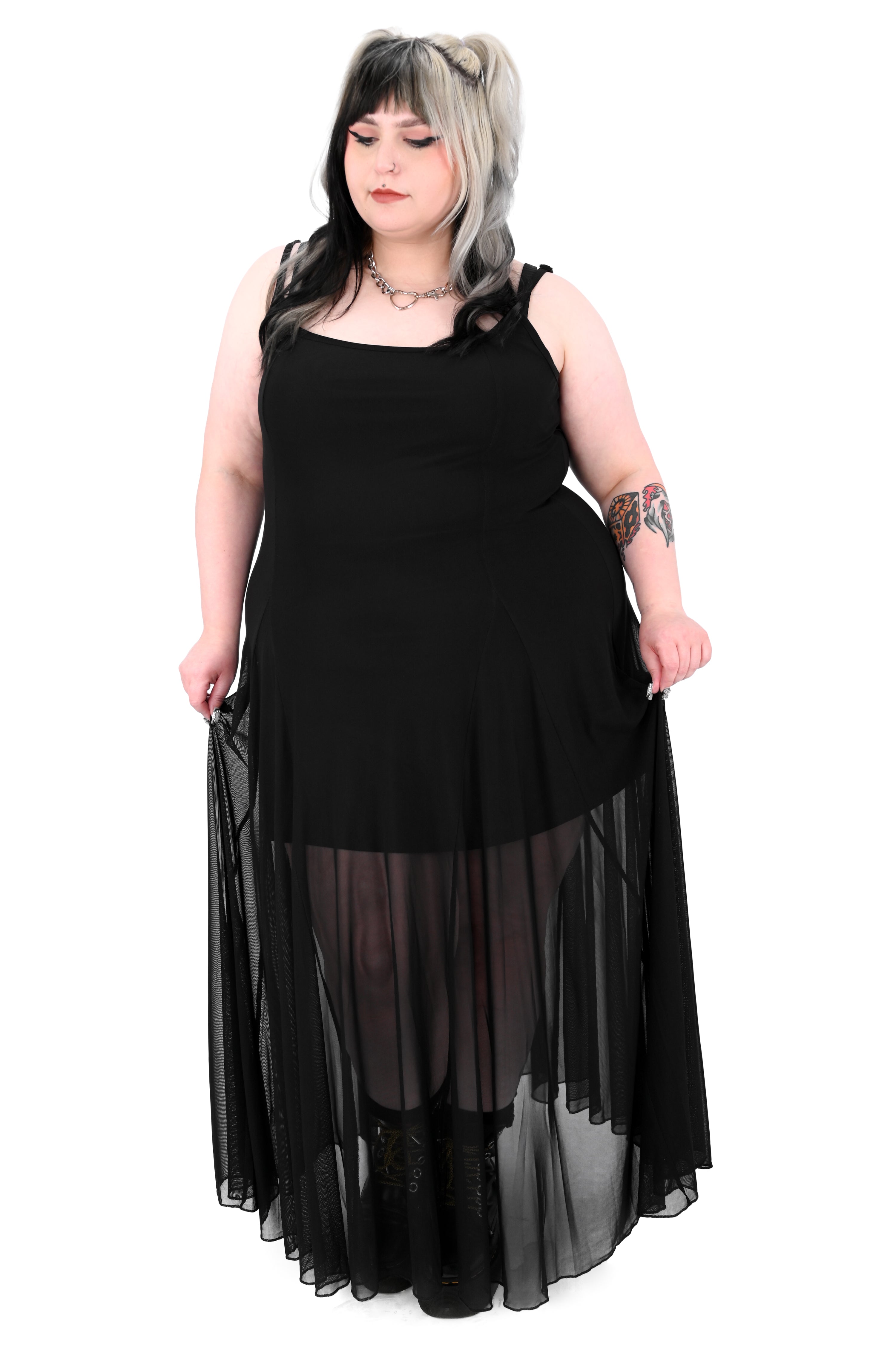 black mesh spaghetti strap maxi dress with lining to the knee