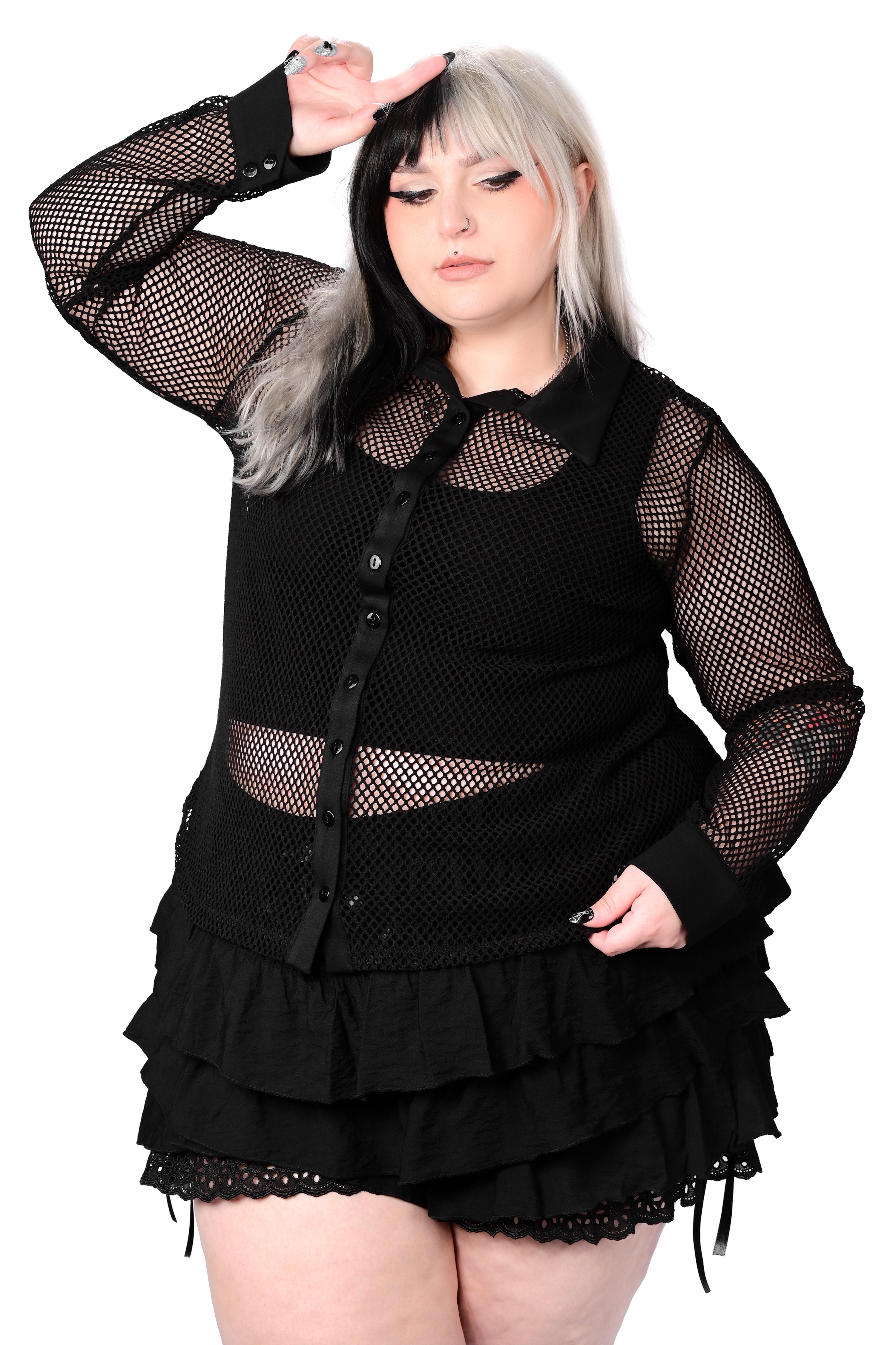 black button up fishnet top with pointed collar