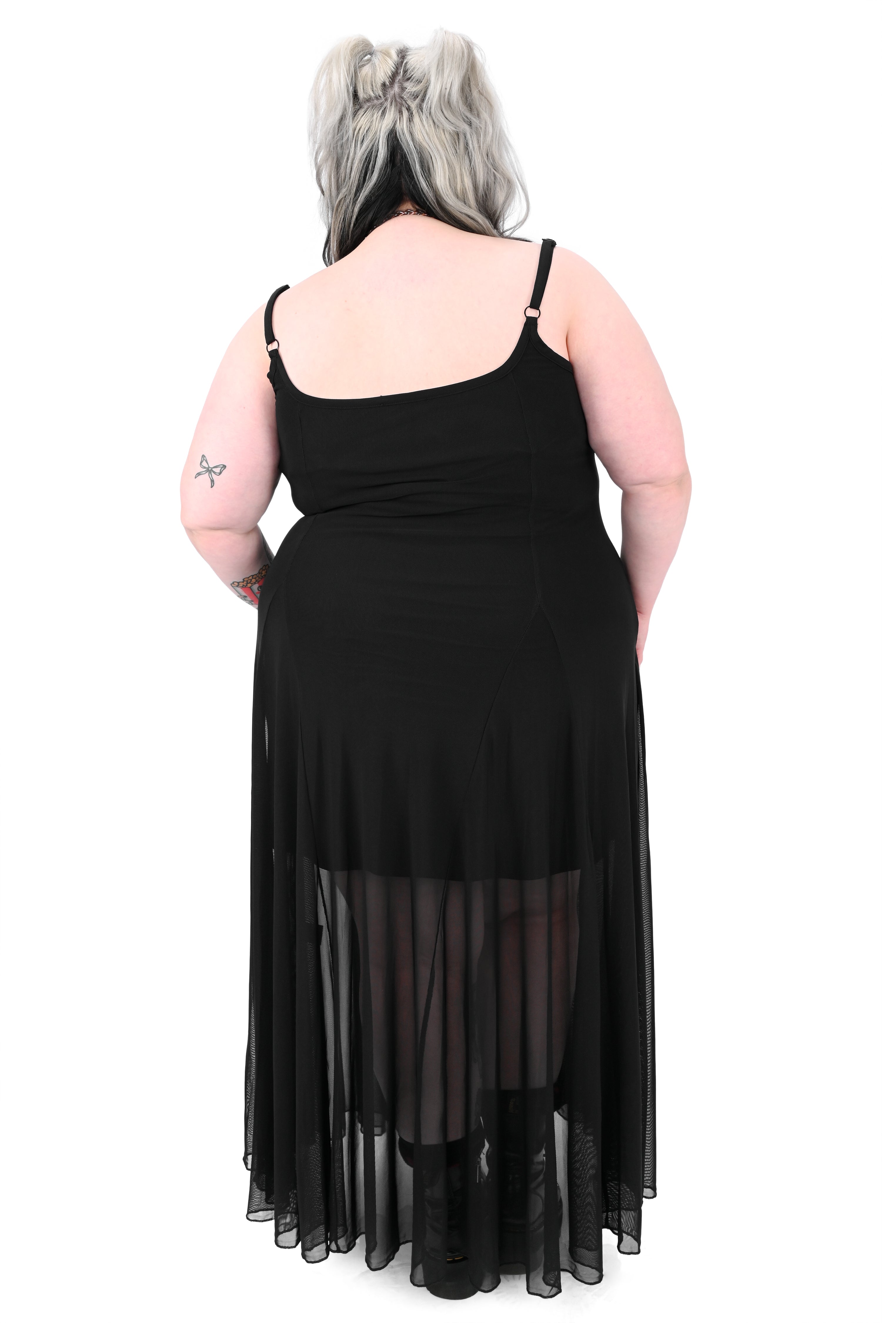 black mesh spaghetti strap maxi dress with lining to the knee