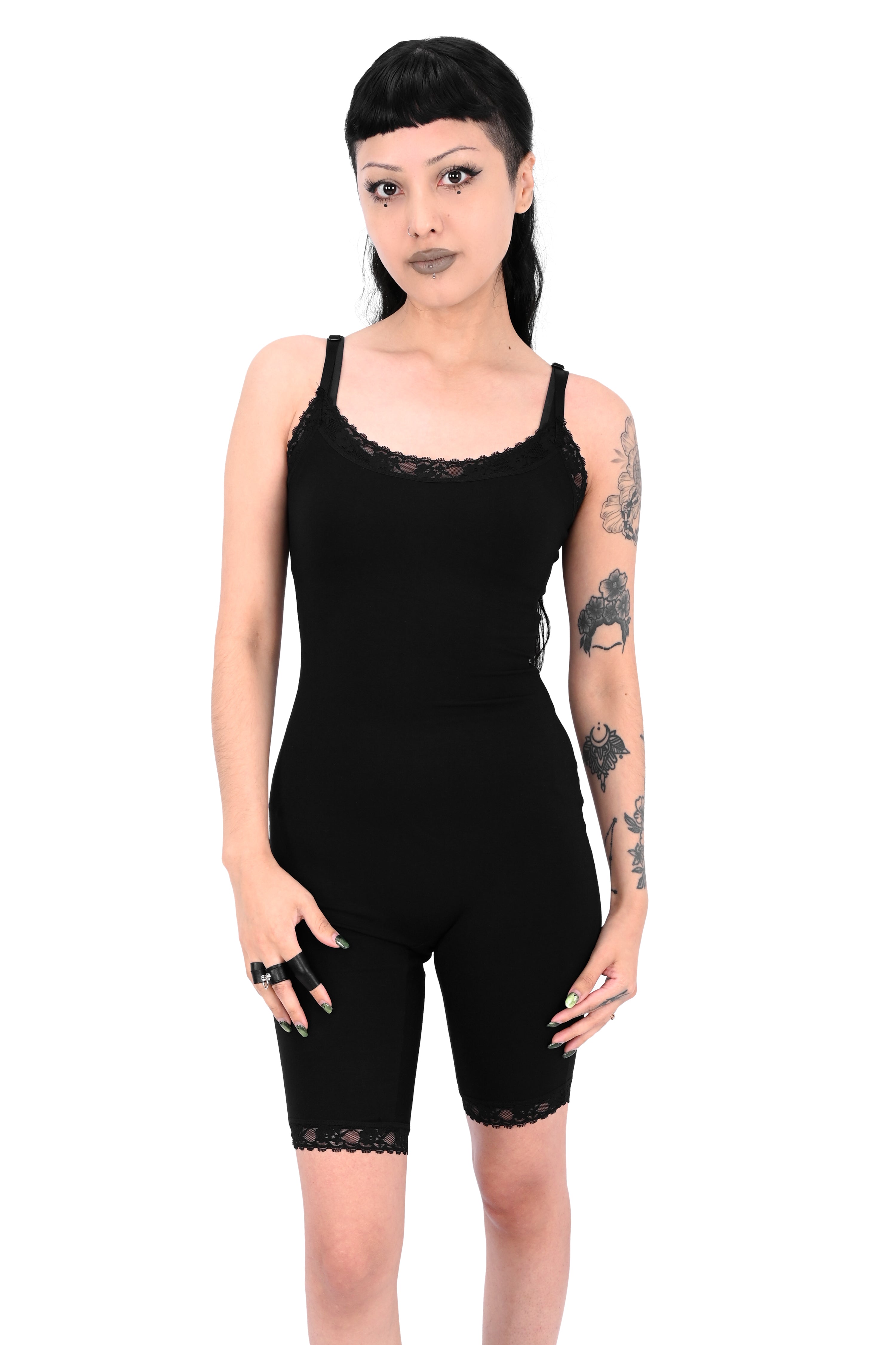 long line black lace biker short bodysuit