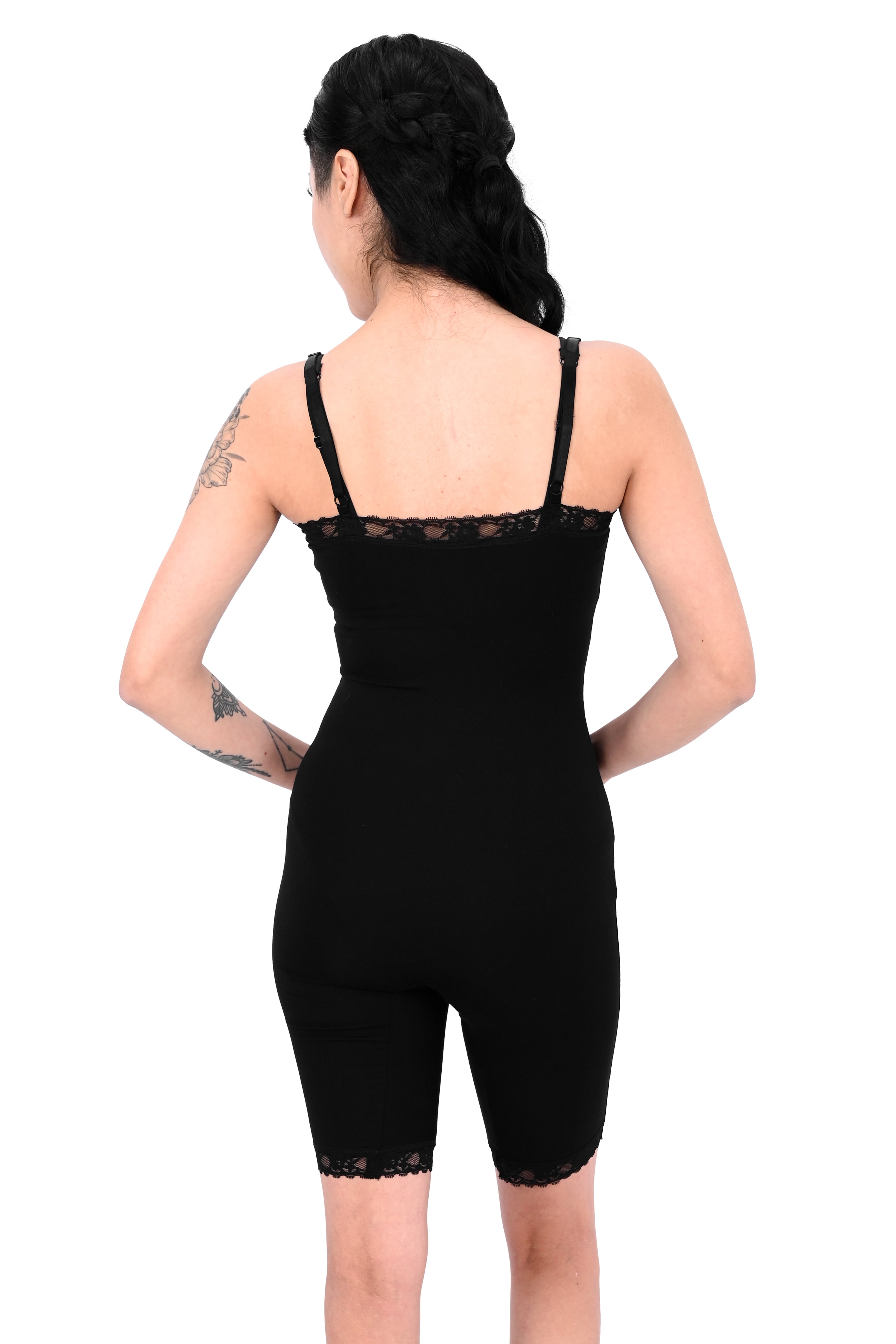 long line black lace biker short bodysuit