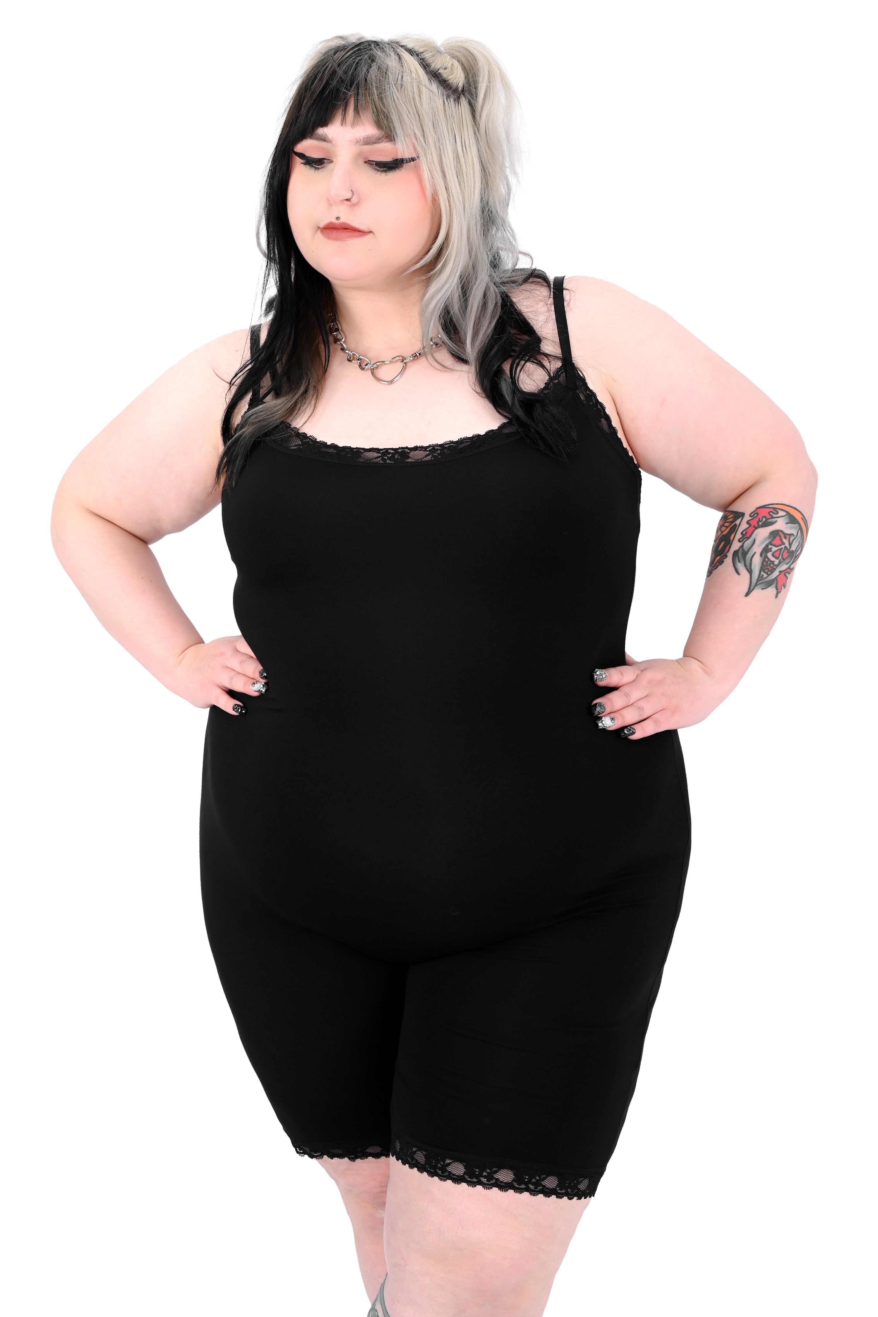 long line black lace biker short bodysuit