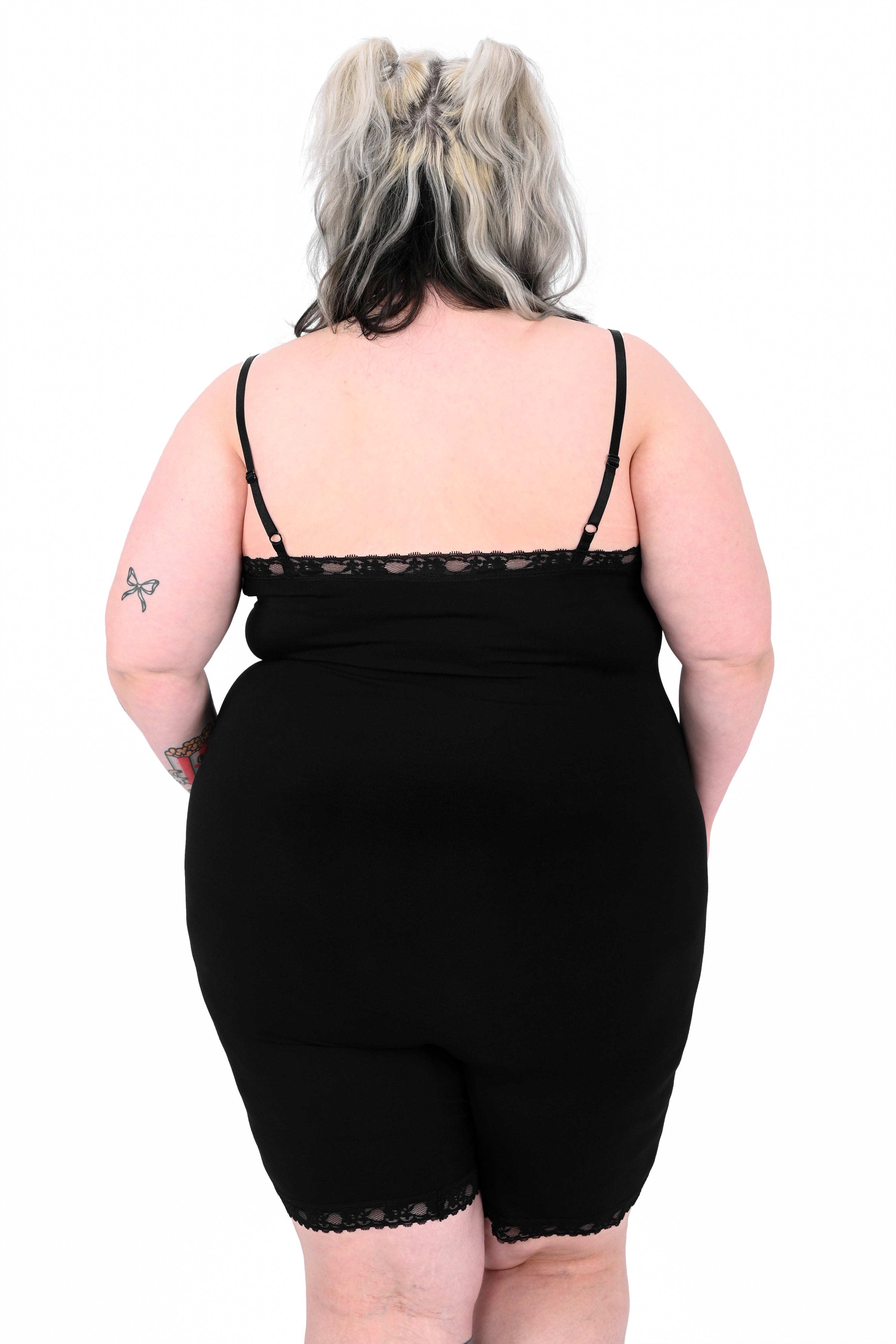long line black lace biker short bodysuit