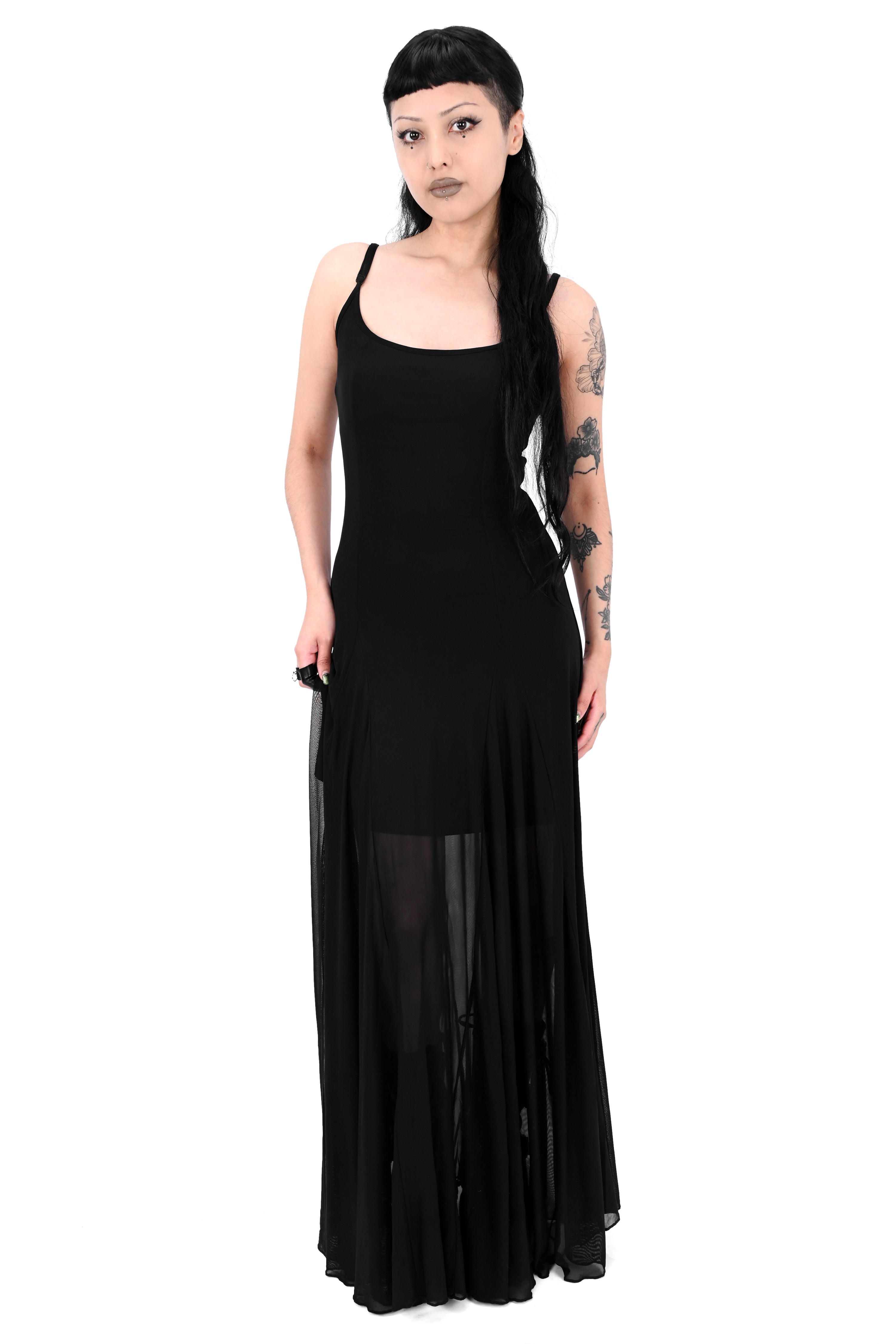 black mesh spaghetti strap maxi dress with lining to the knee