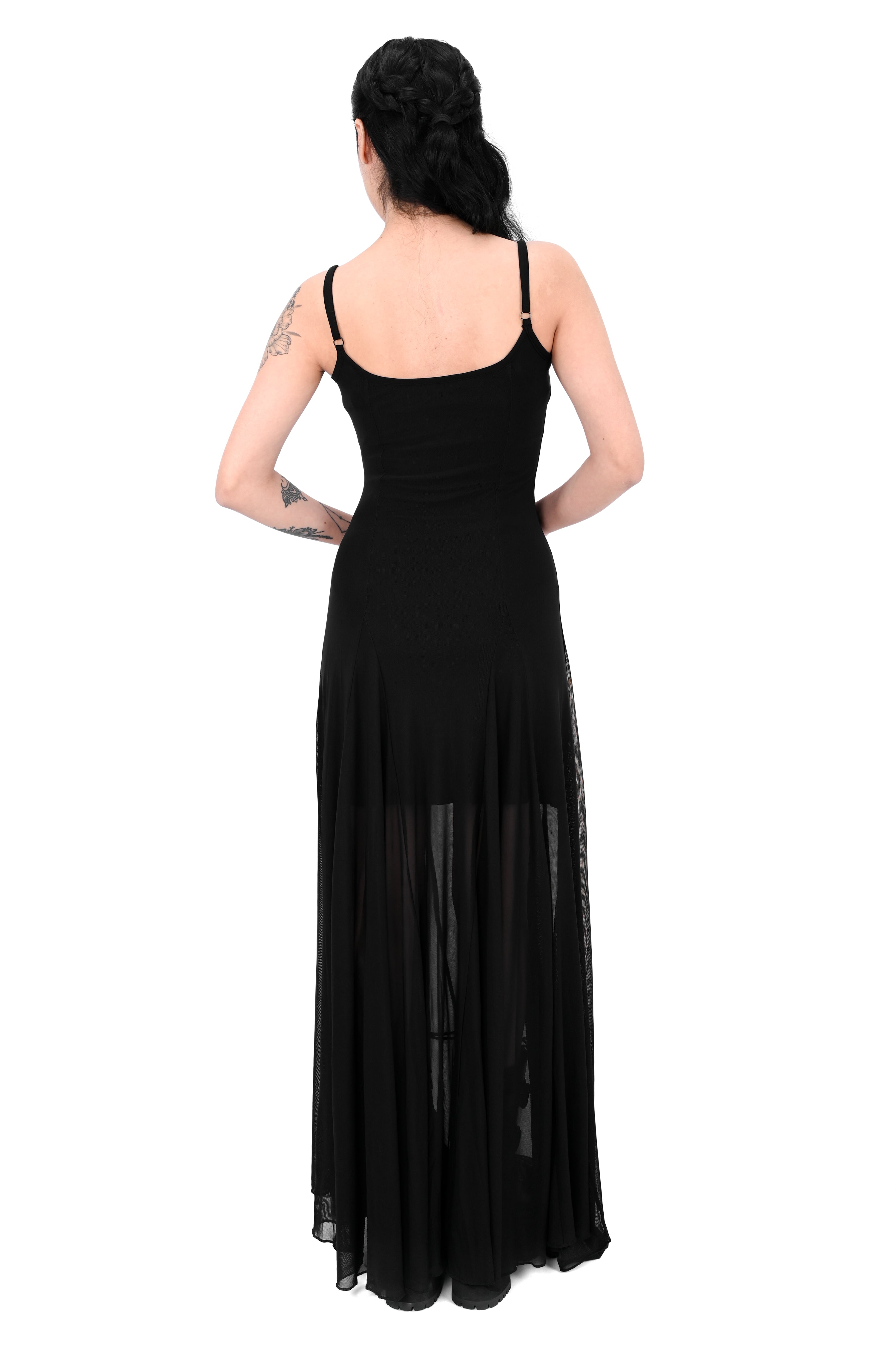 black mesh spaghetti strap maxi dress with lining to the knee