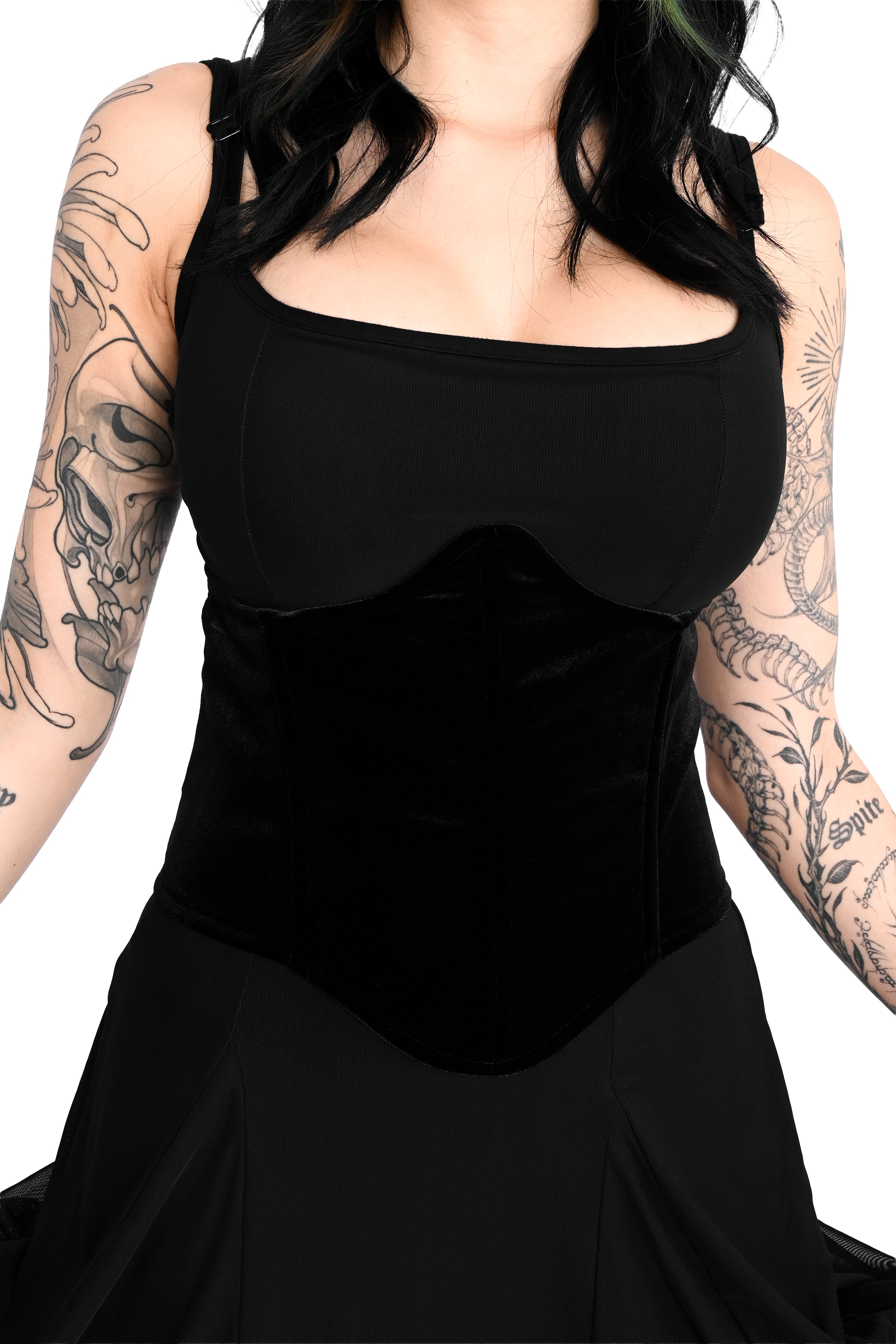 Black velvet underbust belt with flexible boning throughout.
