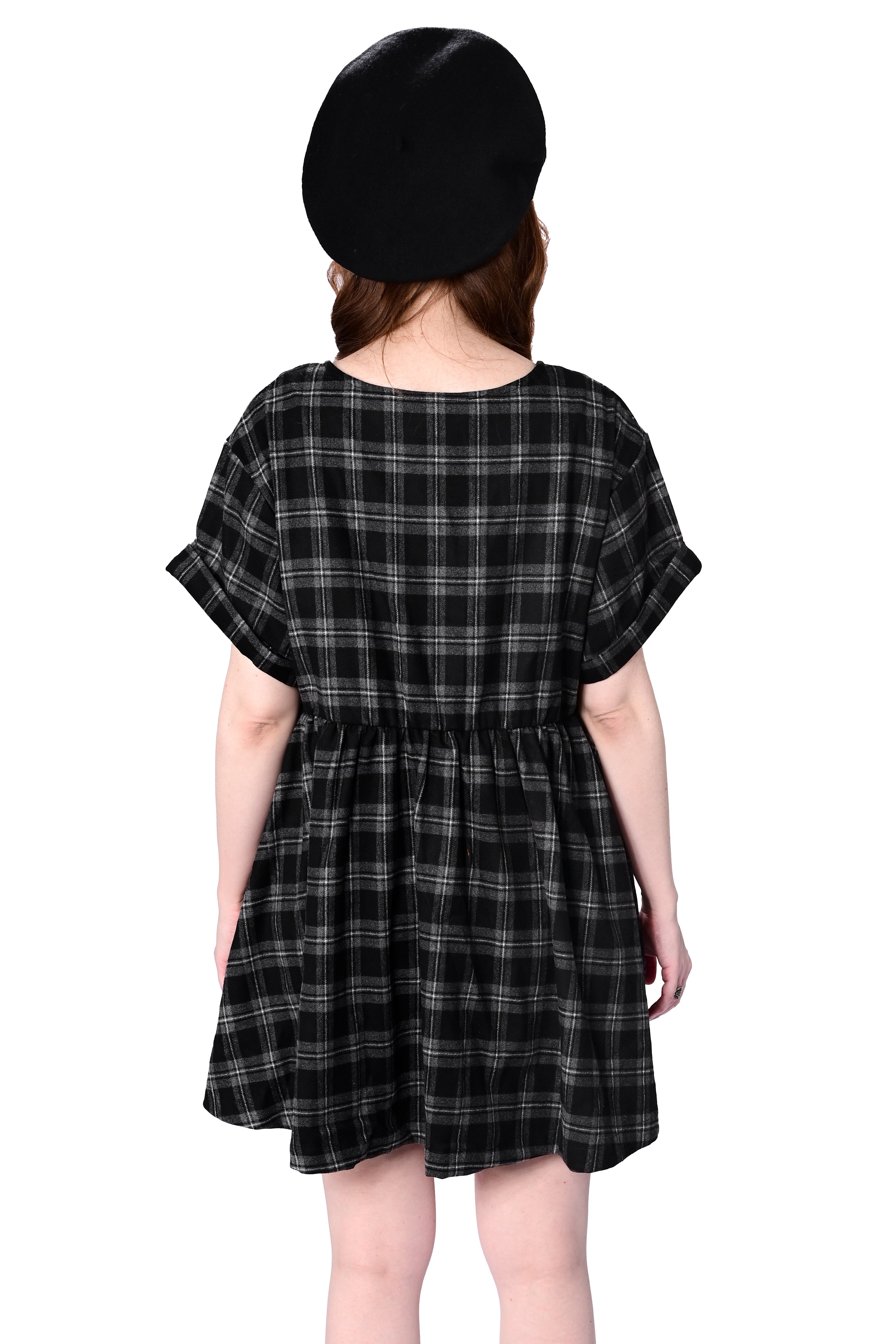 grey plaid button up babydoll dress