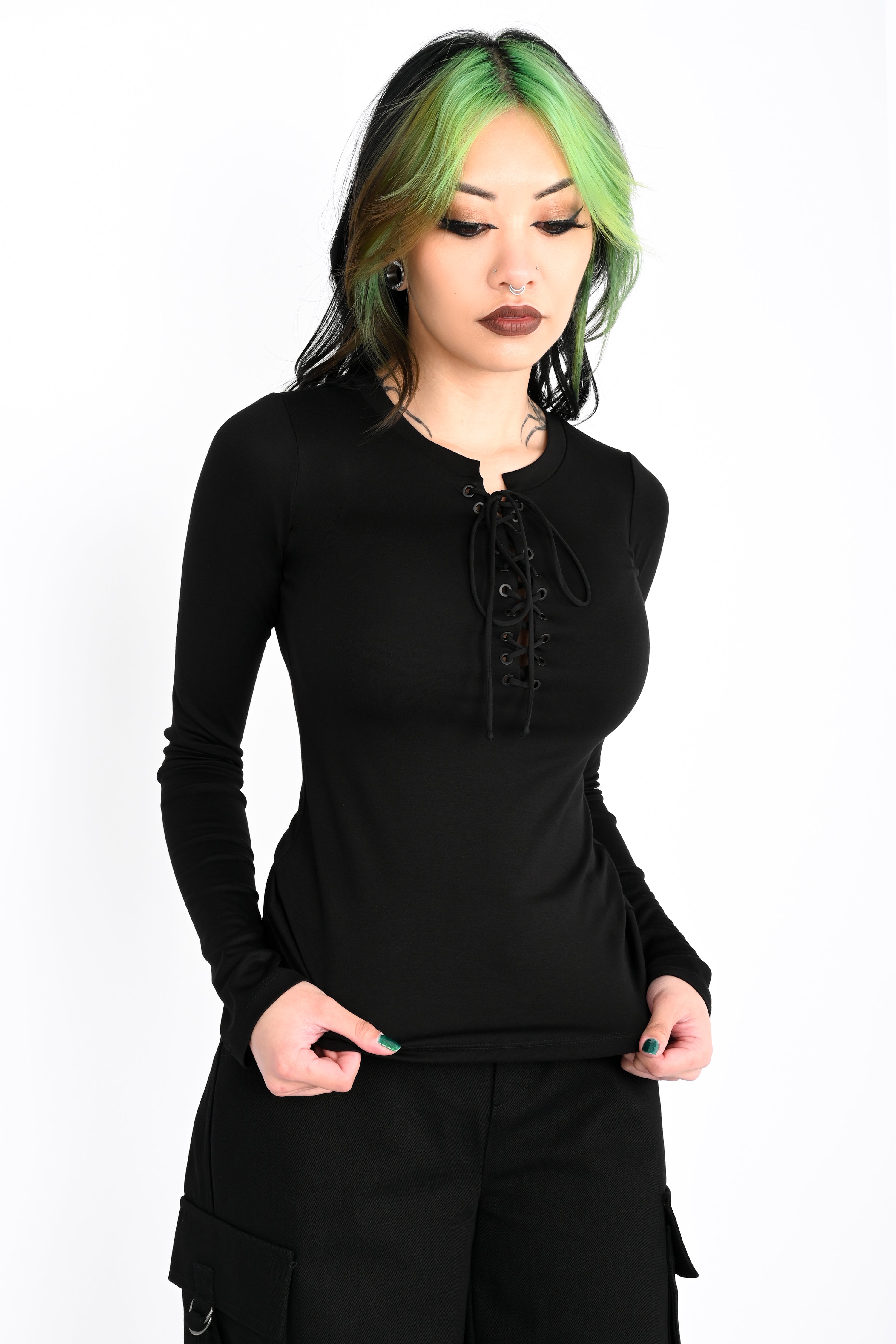 black long sleeve top with lace up front and black grommets