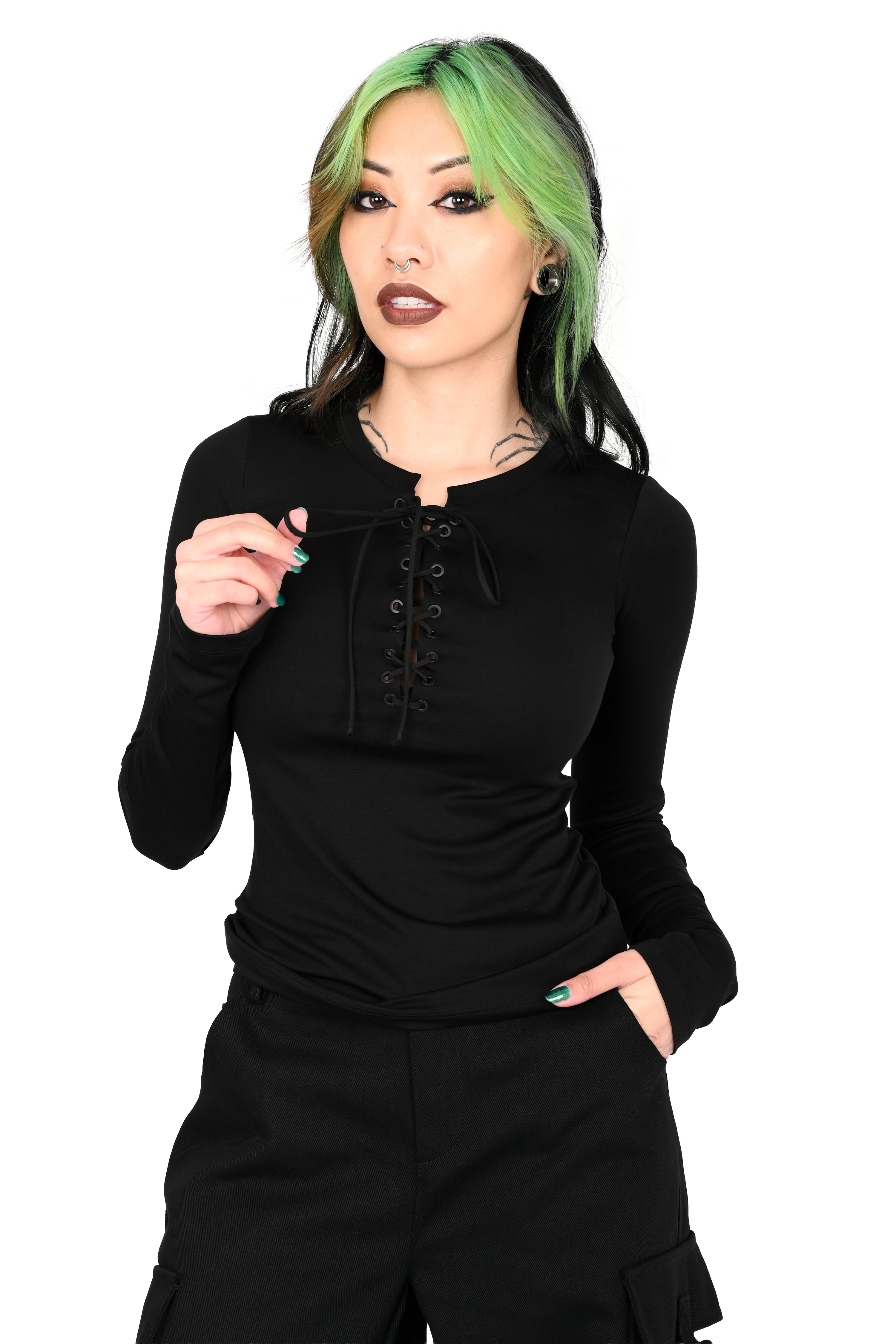 black long sleeve top with lace up front and black grommets