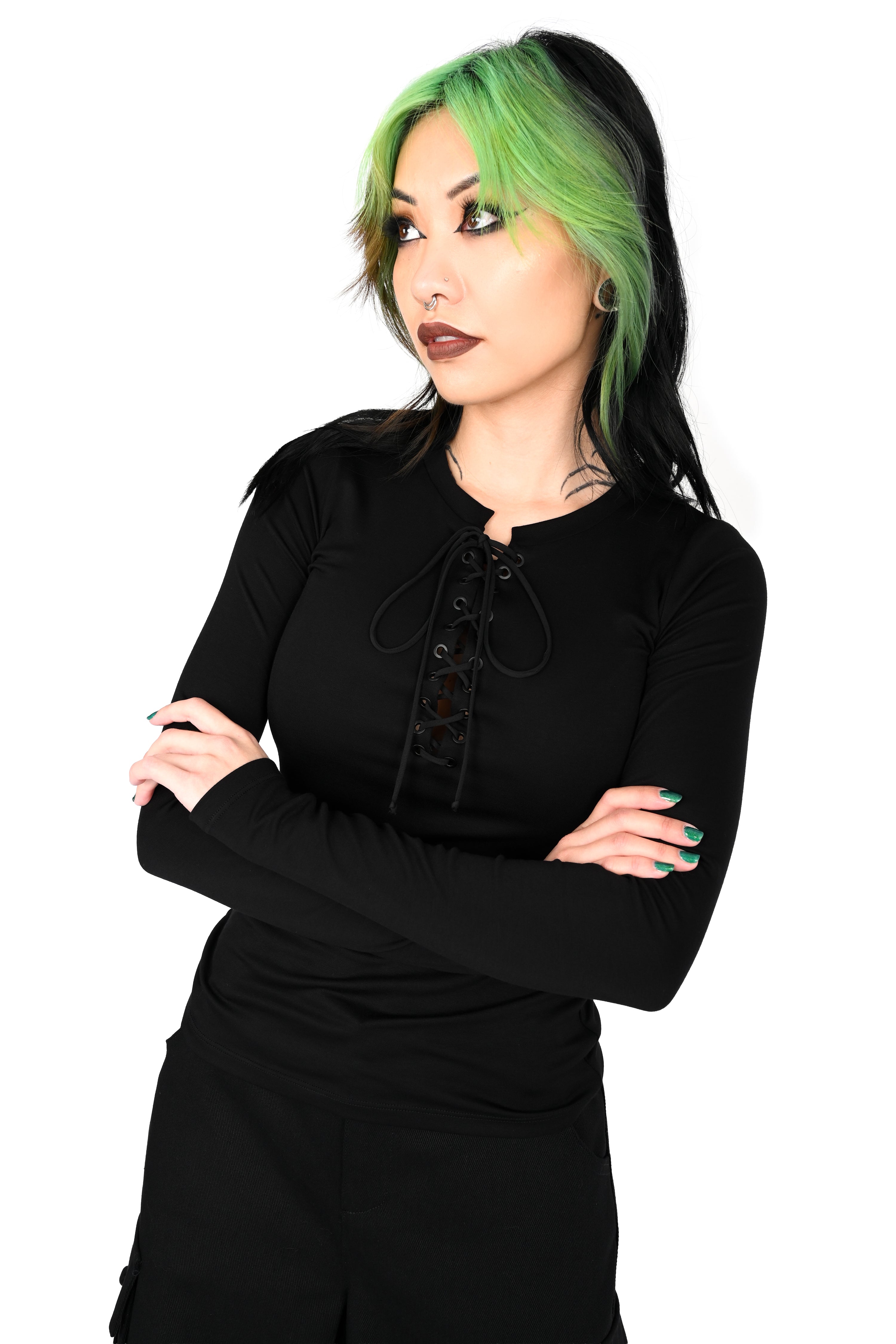 black long sleeve top with lace up front and black grommets